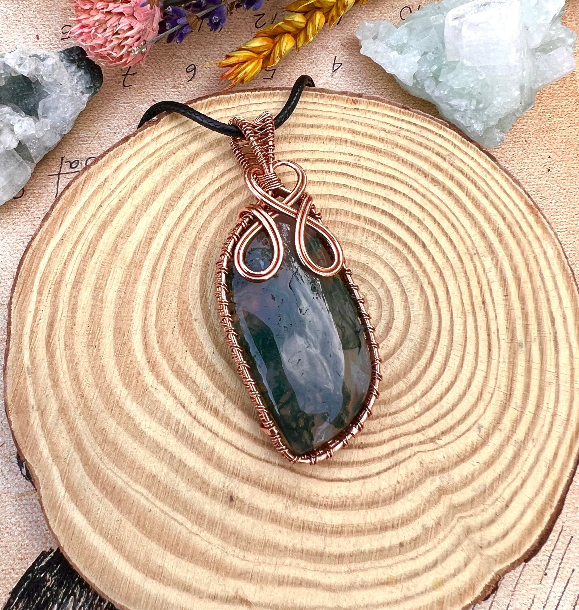 Moss Agate Copper Wire Wrapped Pendant Necklace: Handmade Boho Jewelry - LunarGem - 