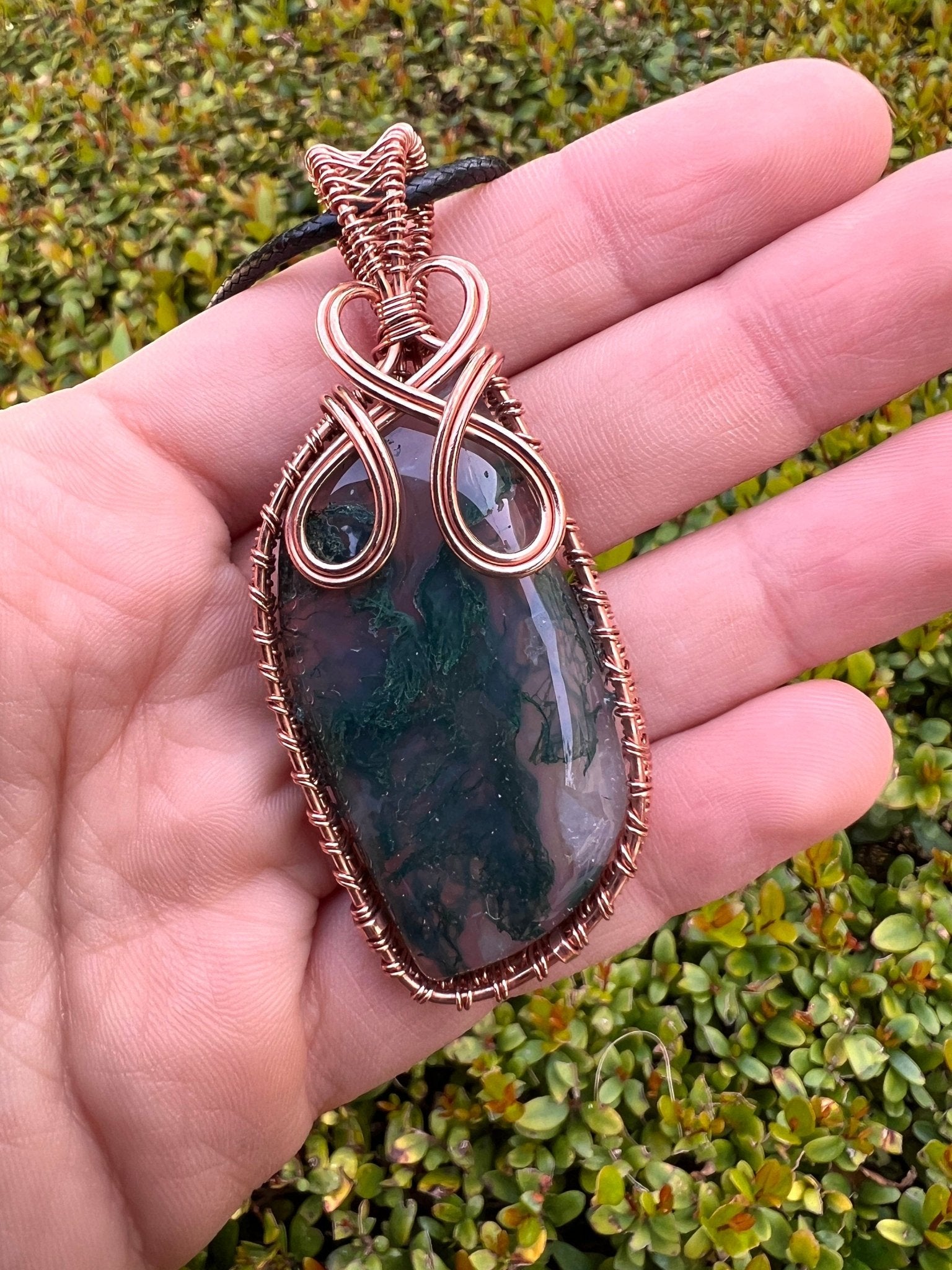 Moss Agate Copper Wire Wrapped Pendant Necklace: Handmade Boho Jewelry - LunarGem - 