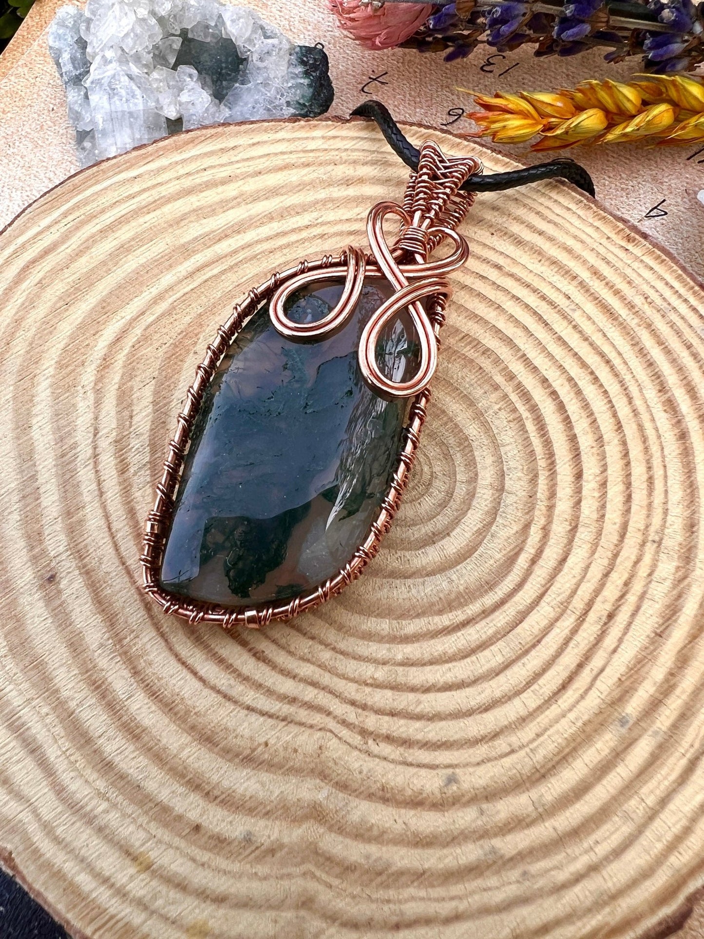 Moss Agate Copper Wire Wrapped Pendant Necklace: Handmade Boho Jewelry - LunarGem - 