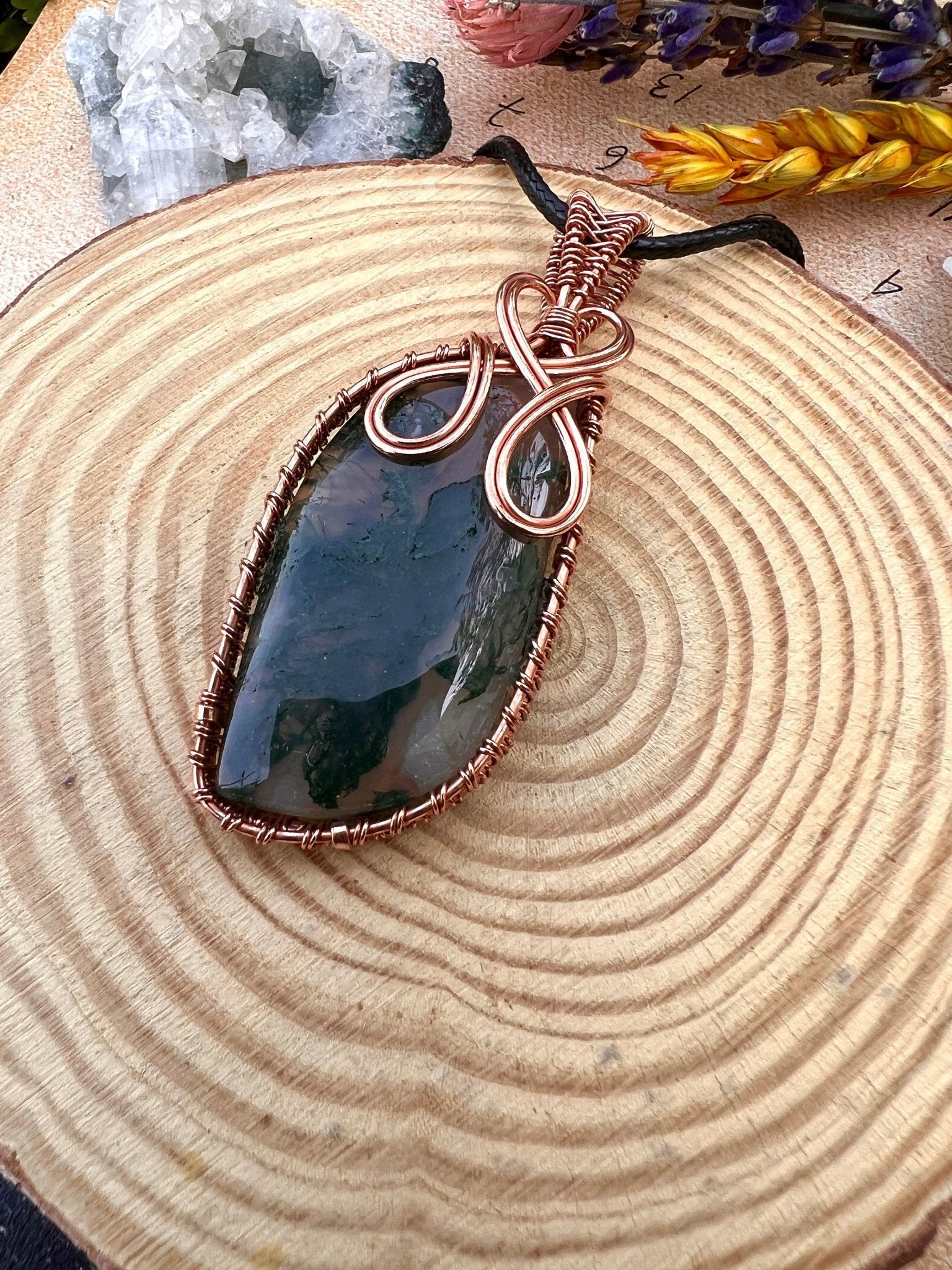 Moss Agate Copper Wire Wrapped Pendant Necklace: Handmade Boho Jewelry - LunarGem - 