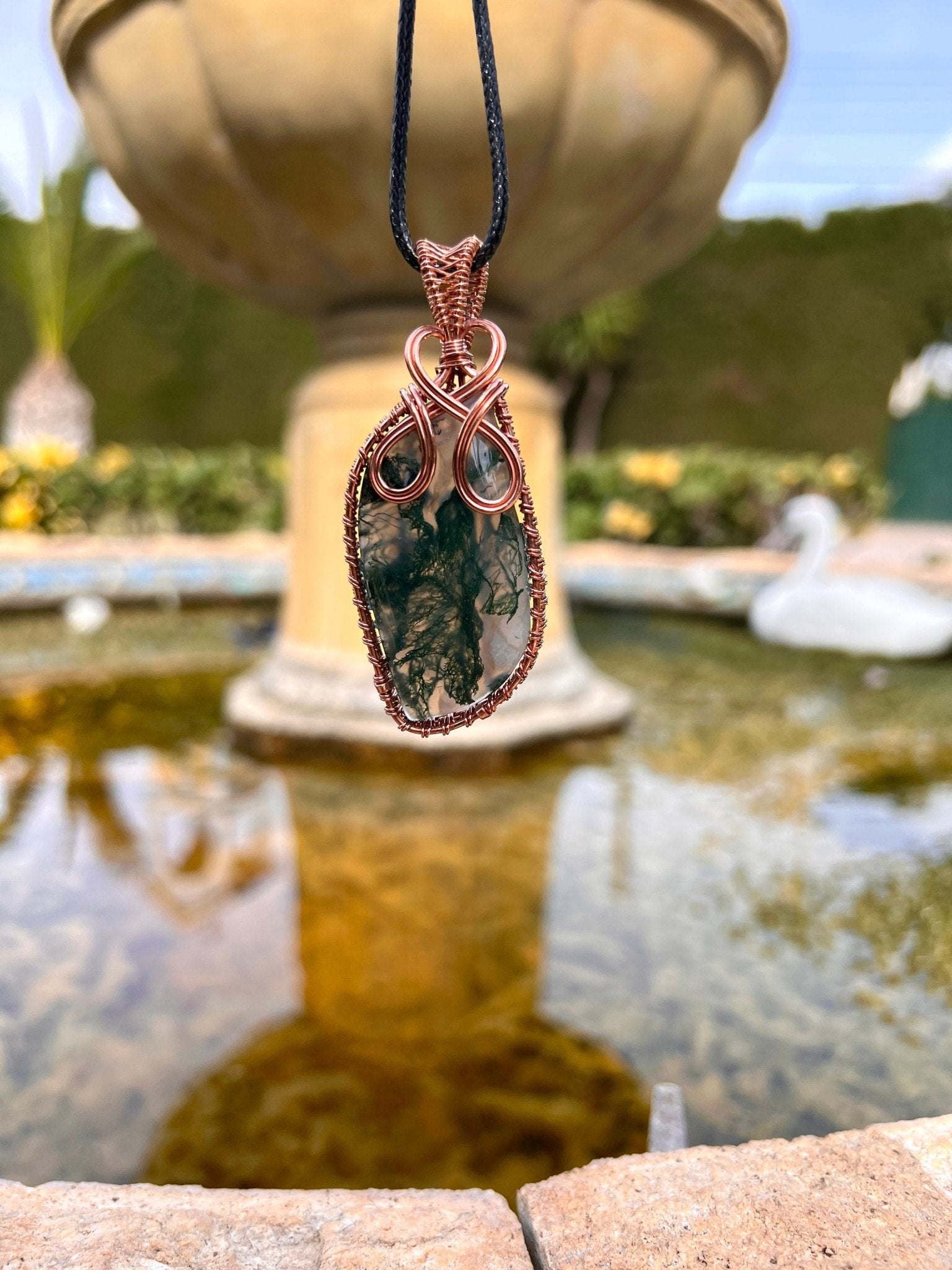 Moss Agate Copper Wire Wrapped Pendant Necklace: Handmade Boho Jewelry - LunarGem - 