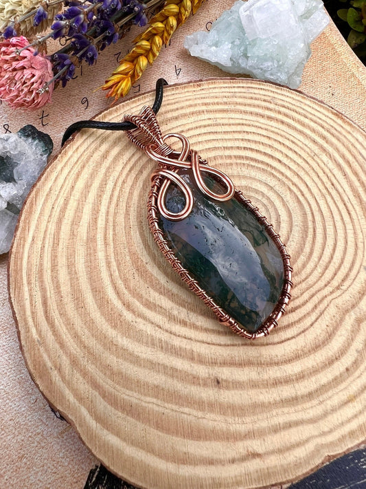 Moss Agate Copper Wire Wrapped Pendant Necklace: Handmade Boho Jewelry - LunarGem - 