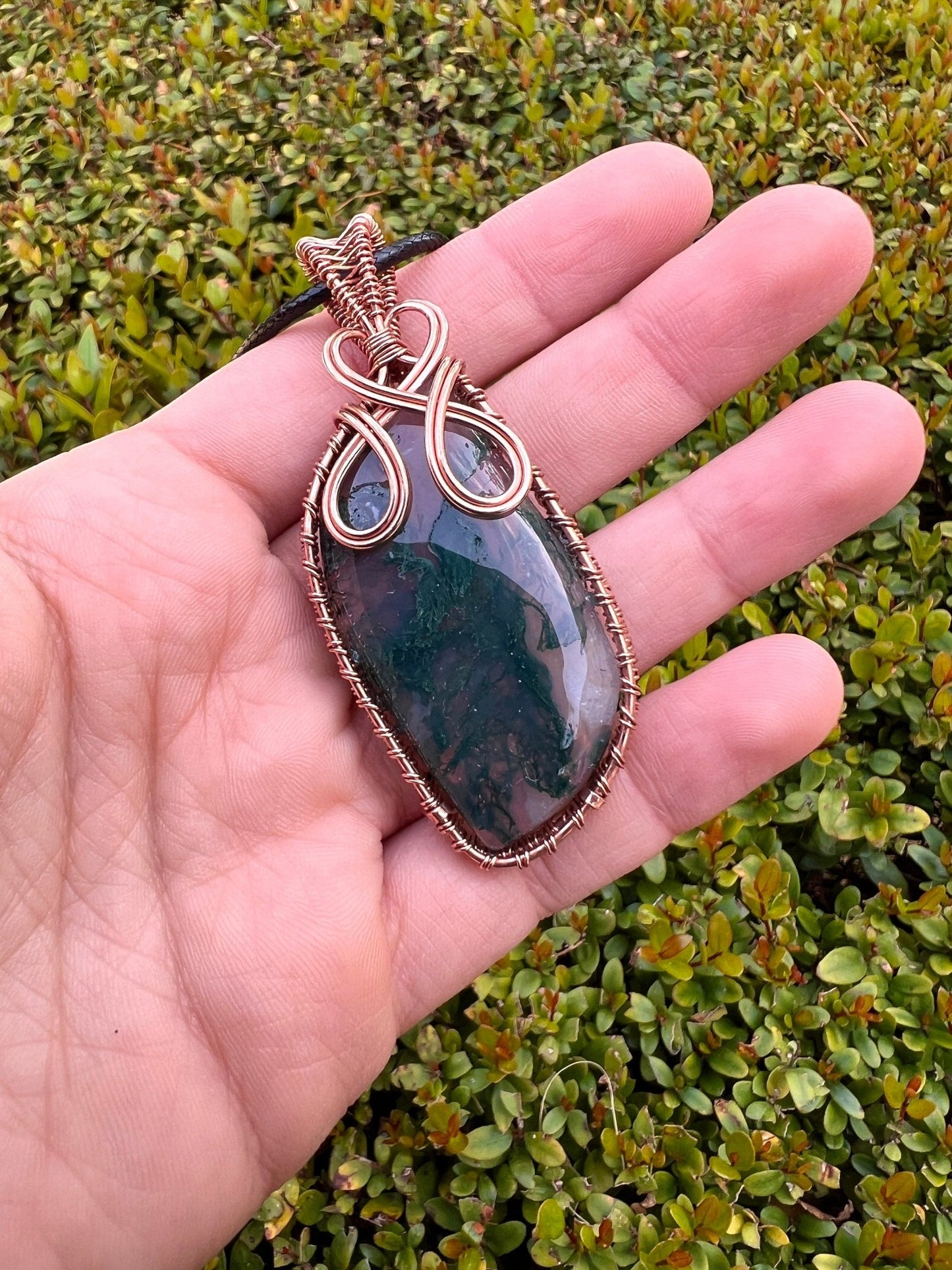 Moss Agate Copper Wire Wrapped Pendant Necklace: Handmade Boho Jewelry - LunarGem - 