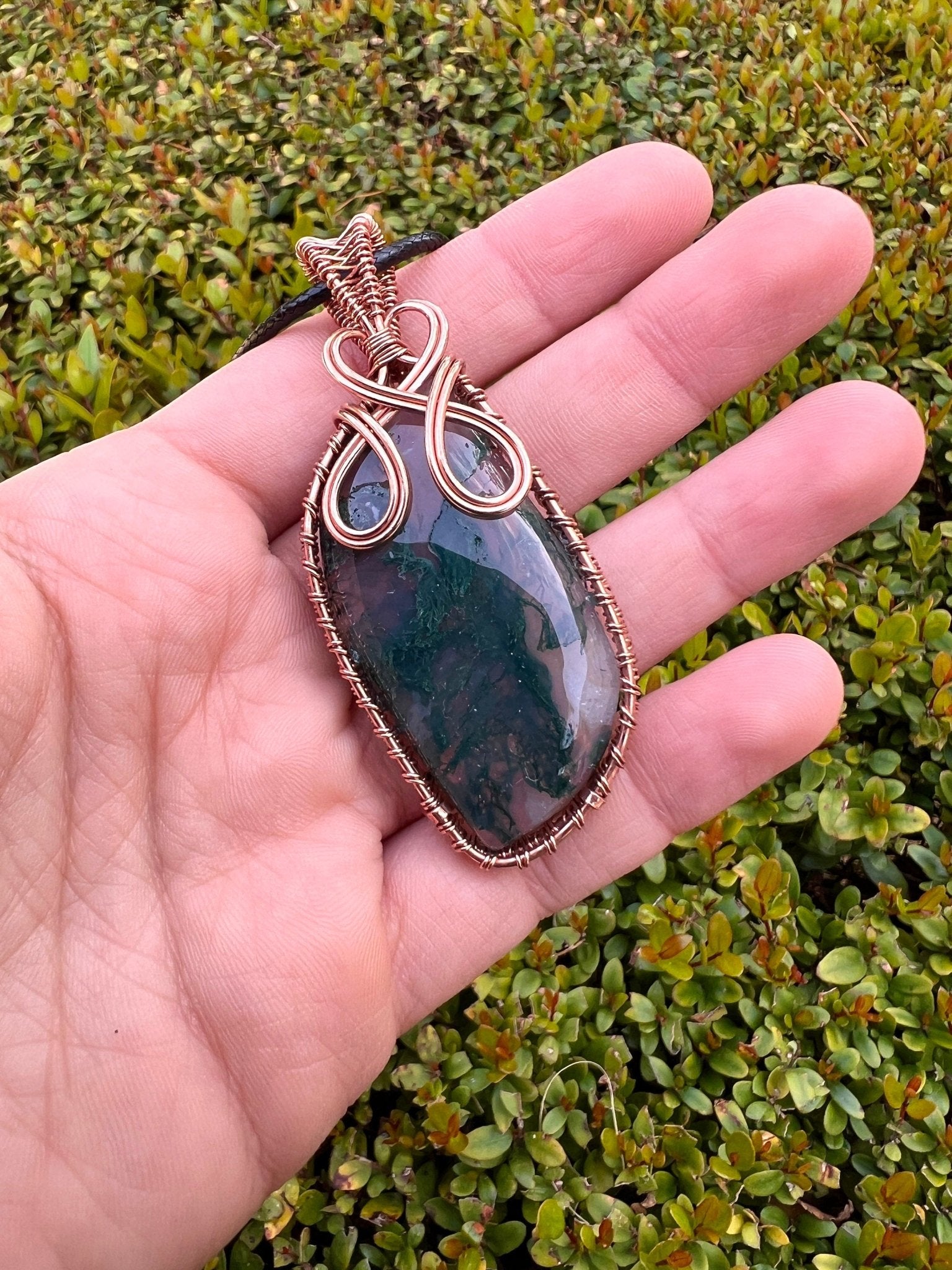 Moss Agate Copper Wire Wrapped Pendant Necklace: Handmade Boho Jewelry - LunarGem - 