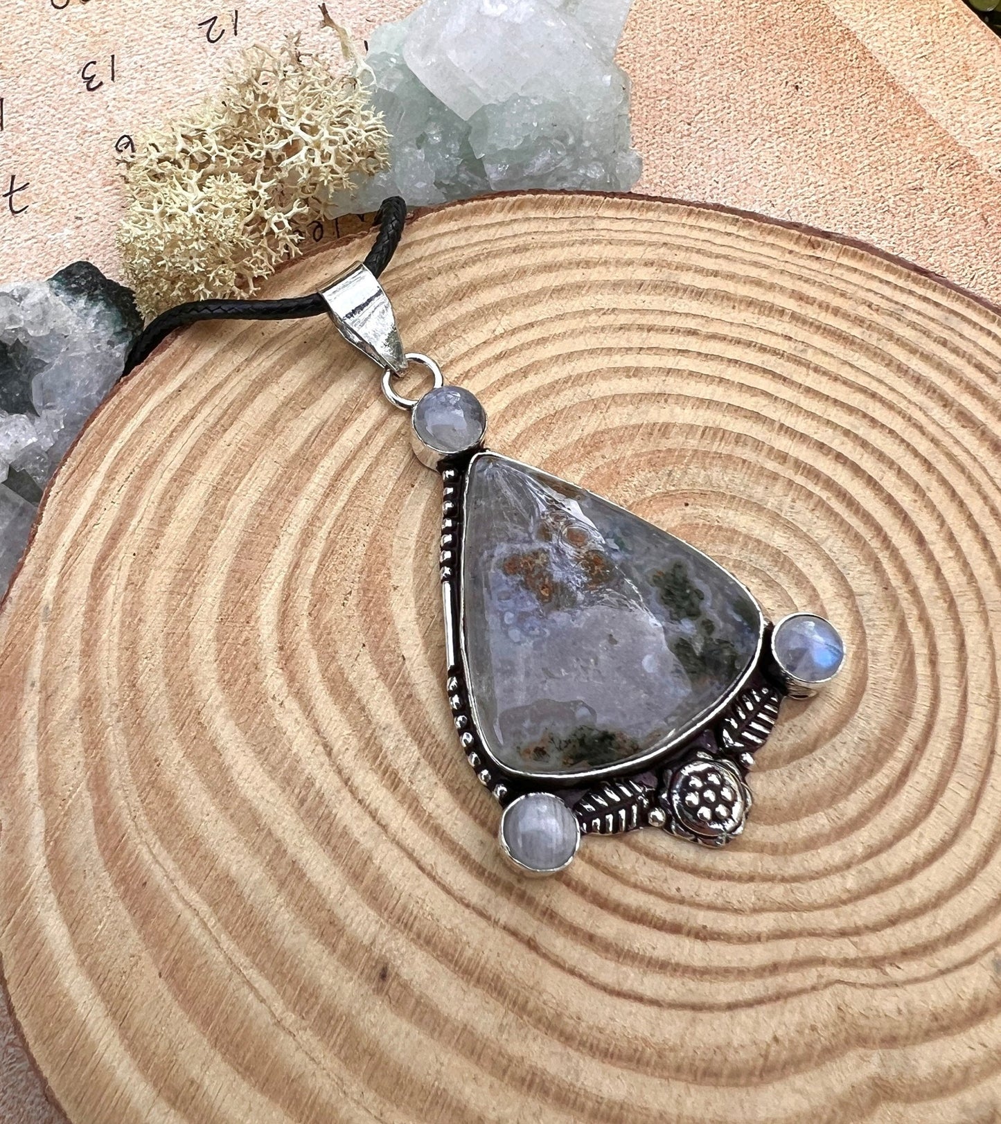 Moss Agate & Moonstone Sterling Silver Pendant - Boho Gemstone Jewelry - LunarGem - 