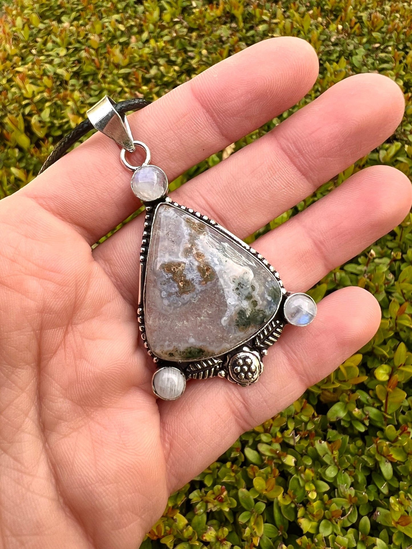 Moss Agate & Moonstone Sterling Silver Pendant - Boho Gemstone Jewelry - LunarGem - 
