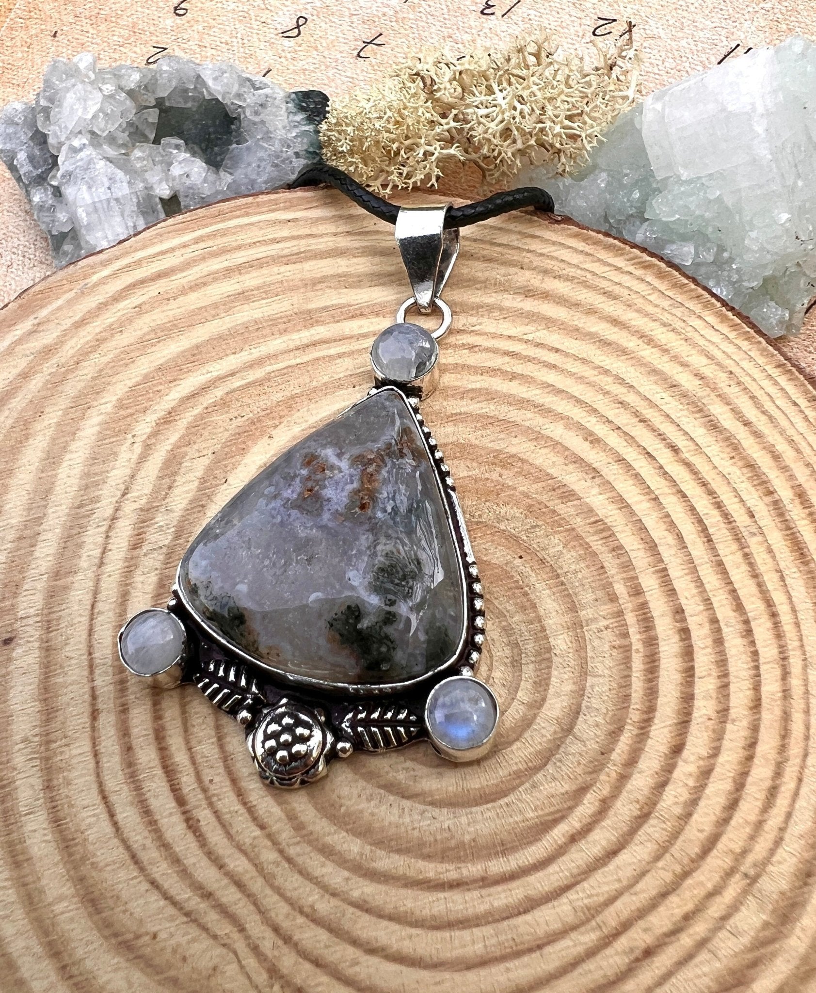 Moss Agate & Moonstone Sterling Silver Pendant - Boho Gemstone Jewelry - LunarGem - 
