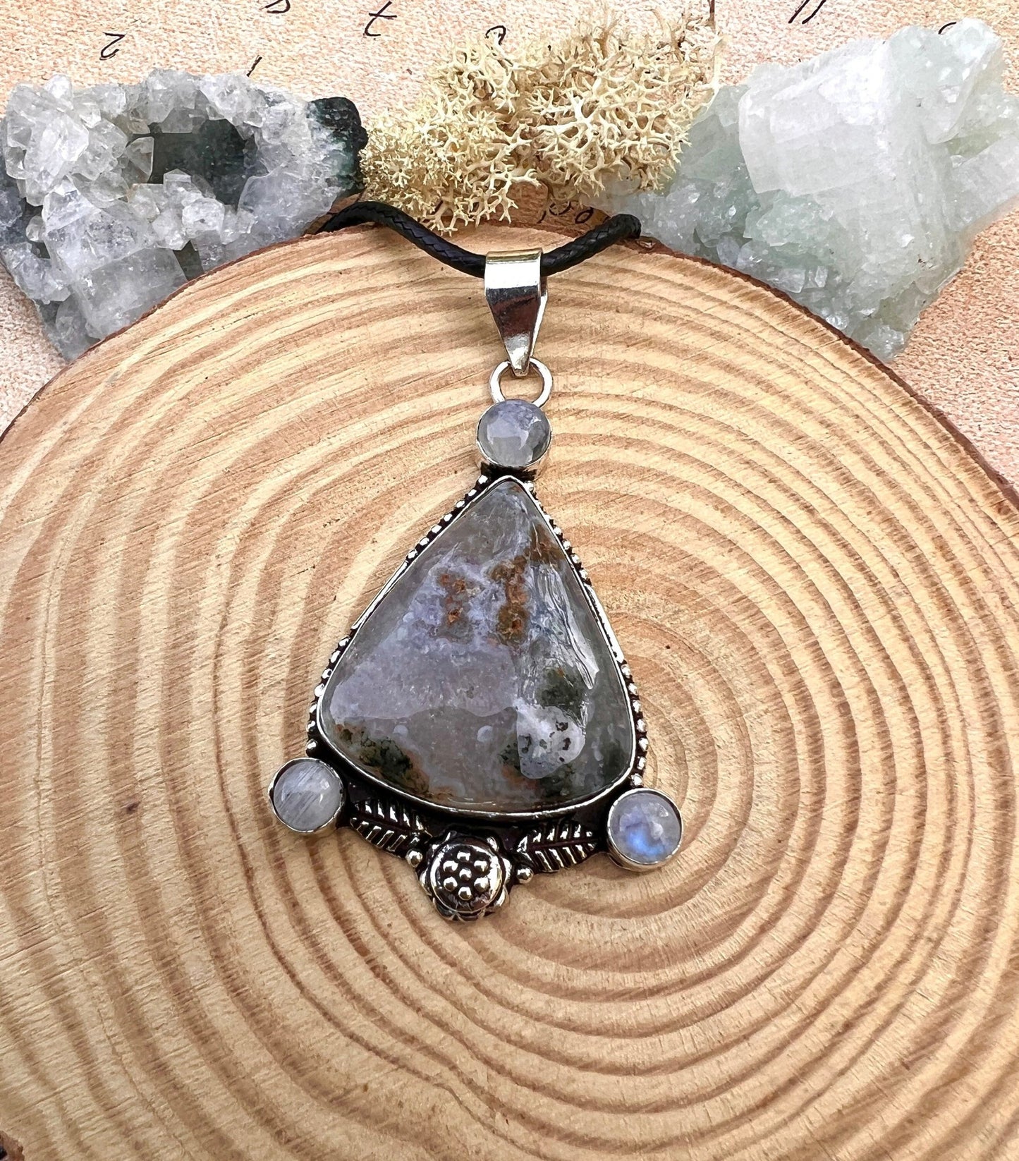 Moss Agate & Moonstone Sterling Silver Pendant - Boho Gemstone Jewelry - LunarGem - 