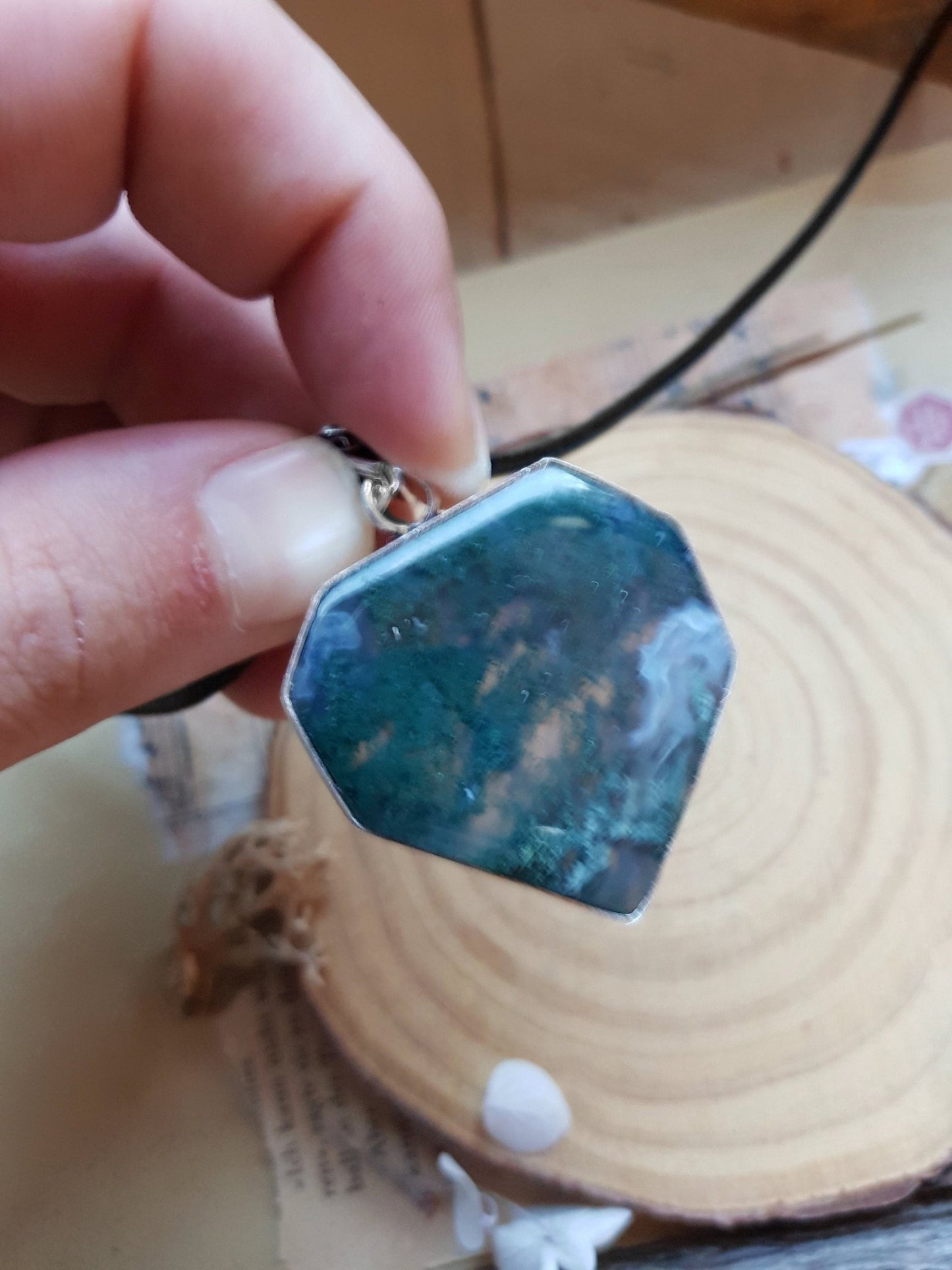 Moss Agate Pendant In Sterling Silver Boho Gemstone Pendant One Of A Kind Jewelry Unique Gift - LunarGem - 
