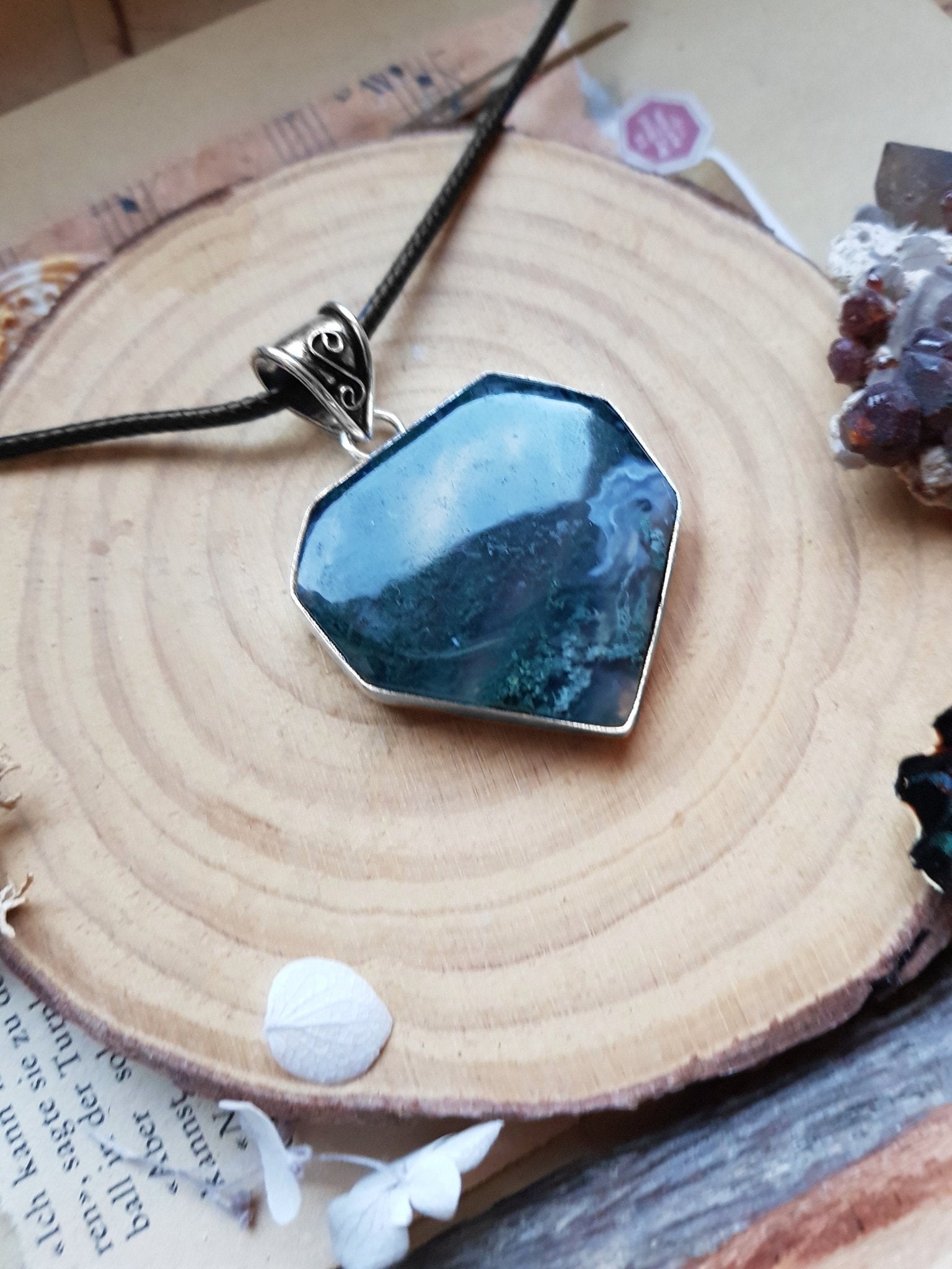Moss Agate Pendant In Sterling Silver Boho Gemstone Pendant One Of A Kind Jewelry Unique Gift - LunarGem - 