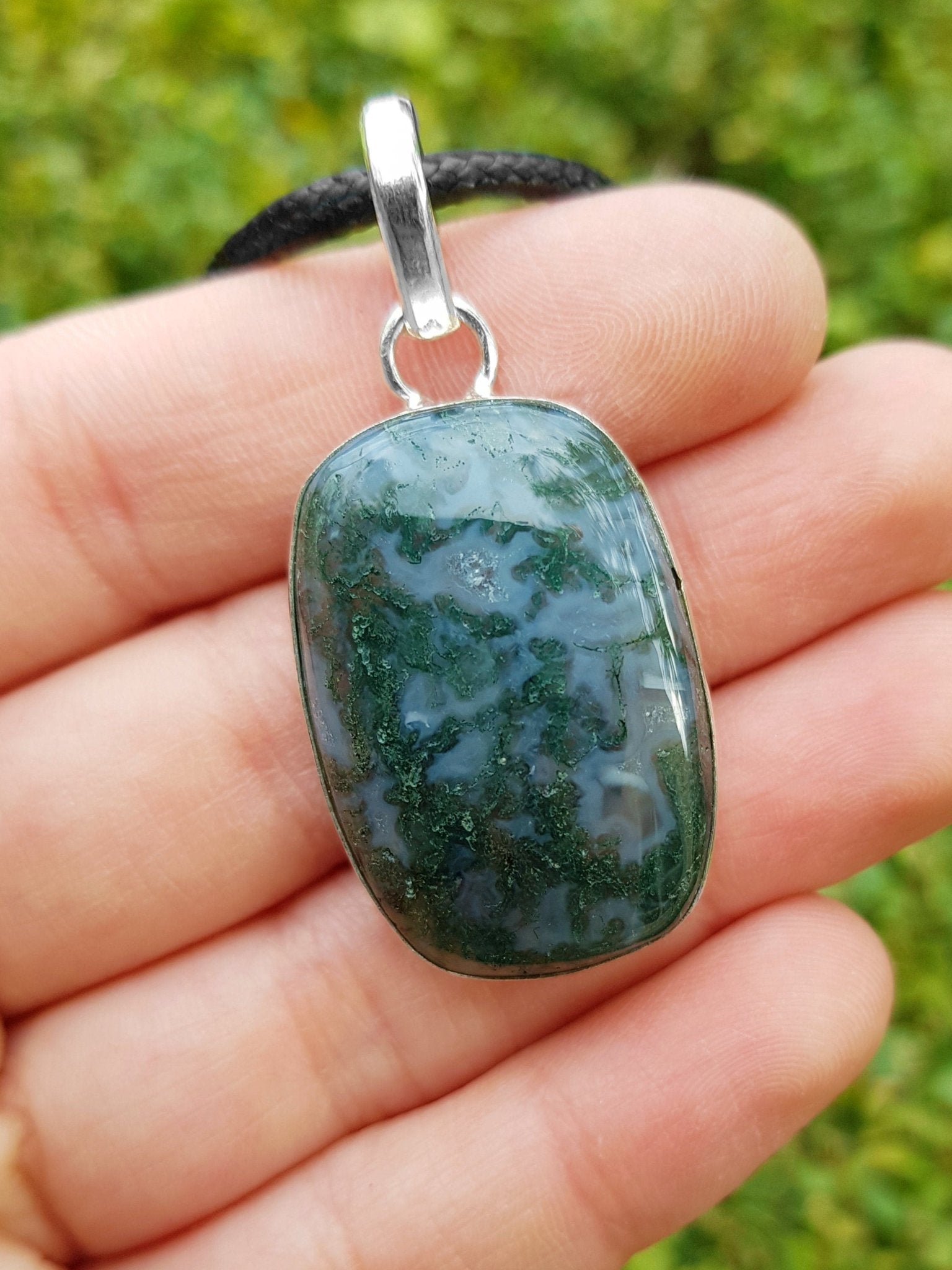 Moss Agate Pendant: Sterling Silver Boho Necklace, One - of - a - Kind - LunarGem - Jewelry