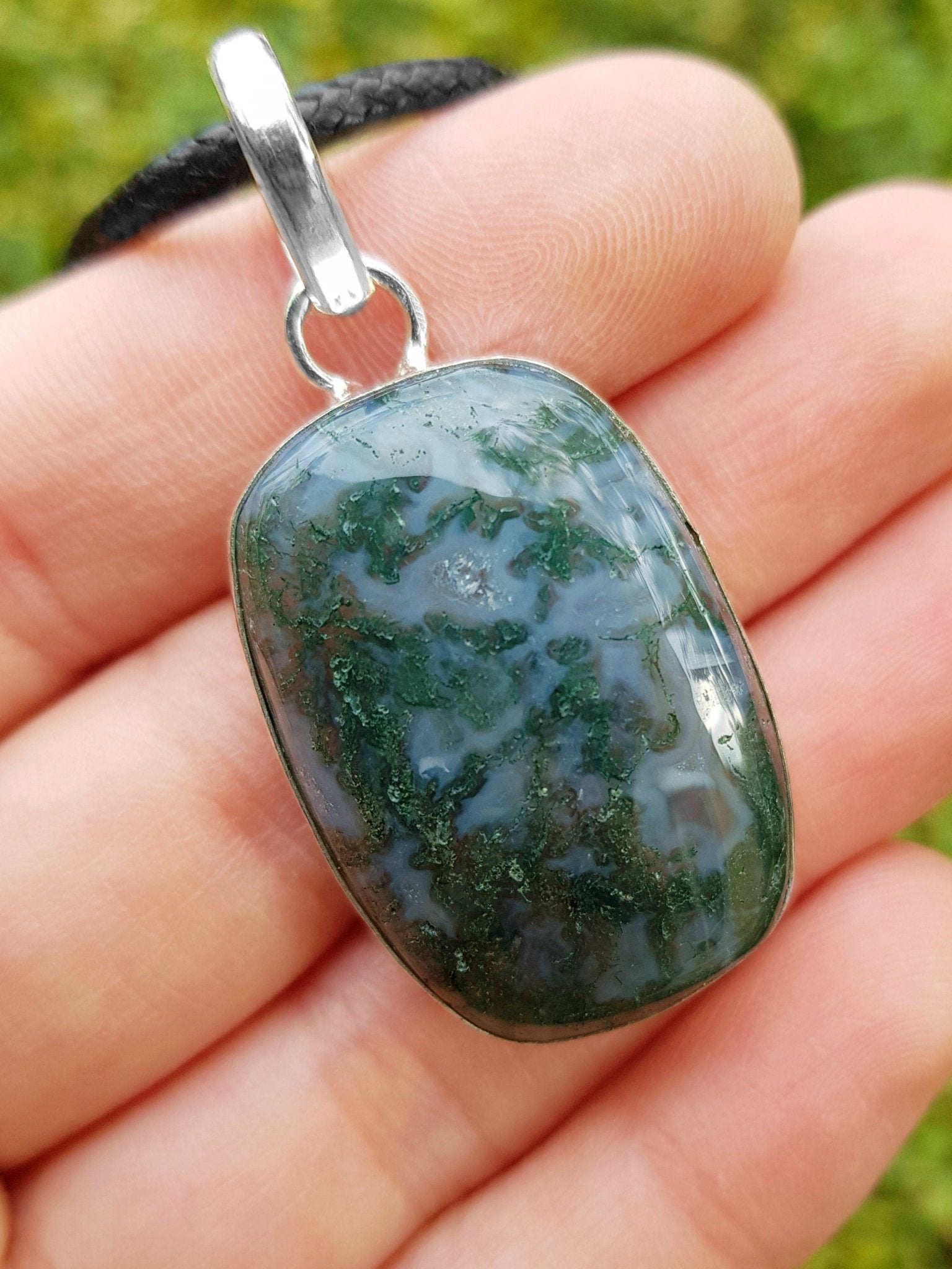 Moss Agate Pendant: Sterling Silver Boho Necklace, One - of - a - Kind - LunarGem - Jewelry