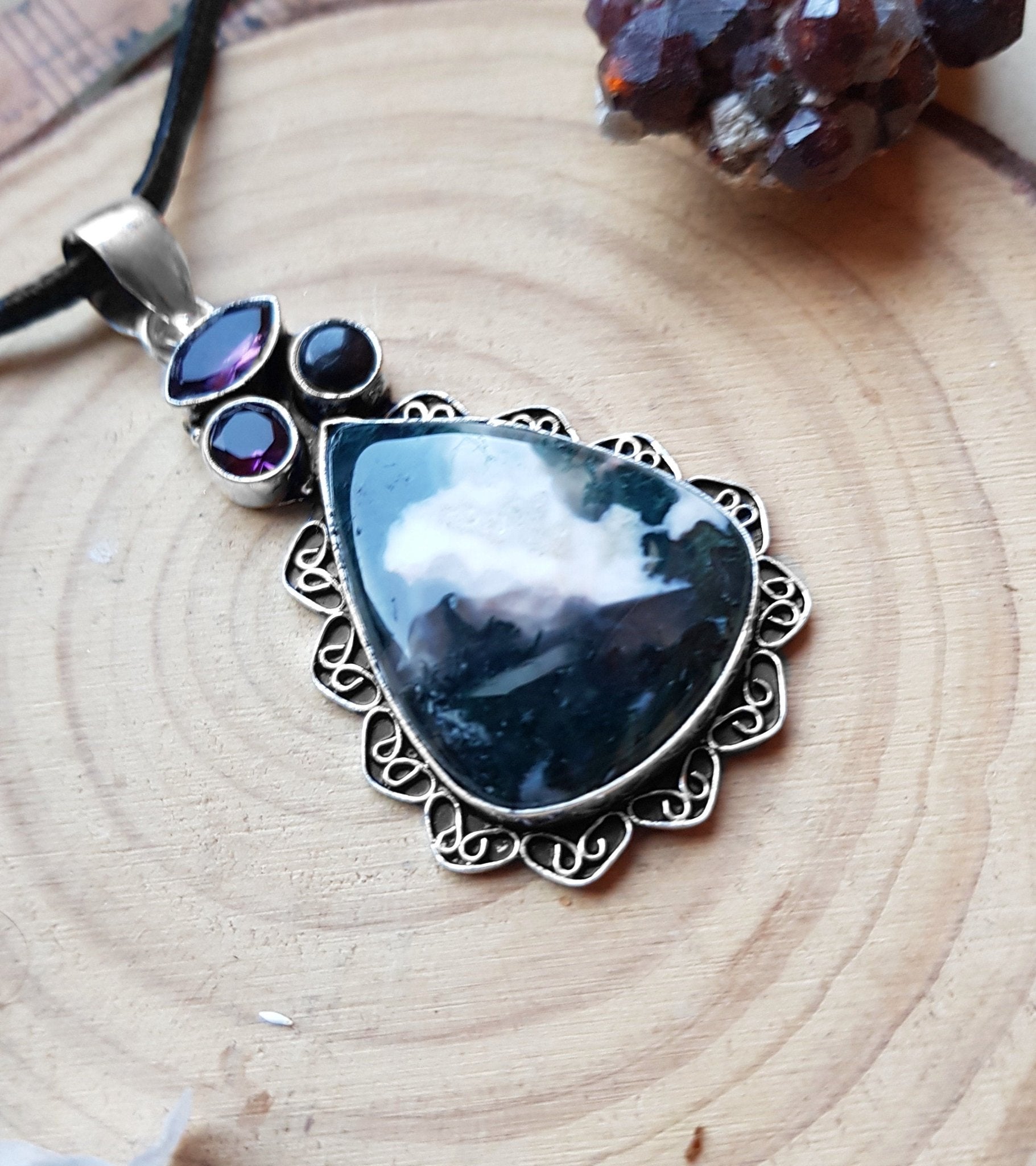 Moss Agate Sterling Silver Pendant: Boho Gemstone Necklace - LunarGem - 
