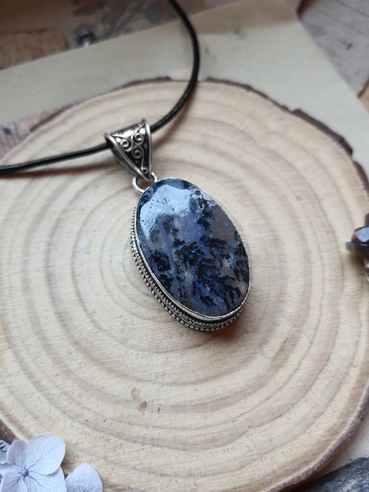 Moss Agate Sterling Silver Pendant, Boho Necklace - LunarGem - 