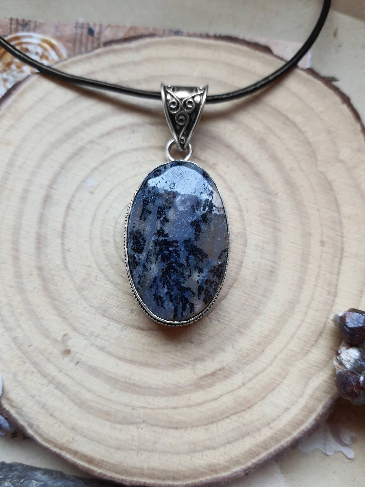 Moss Agate Sterling Silver Pendant, Boho Necklace - LunarGem - 