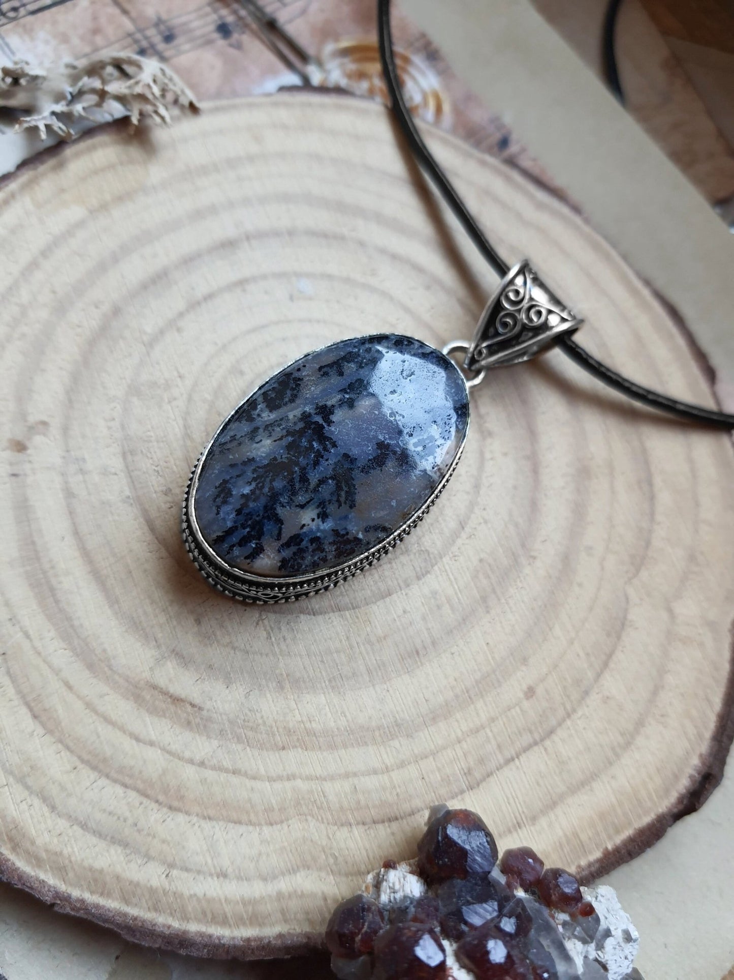 Moss Agate Sterling Silver Pendant, Boho Necklace - LunarGem - 