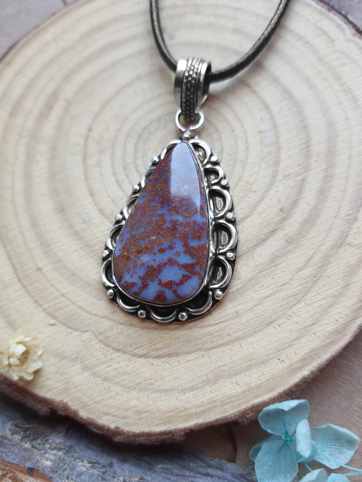 Moss Agate Sterling Silver Pendant Necklace - Boho Gemstone Jewelry - LunarGem - 