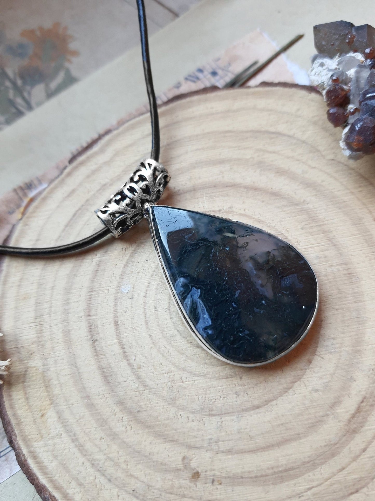 Moss Agate Sterling Silver Pendant Necklace - Boho Gemstone Jewelry - LunarGem - 