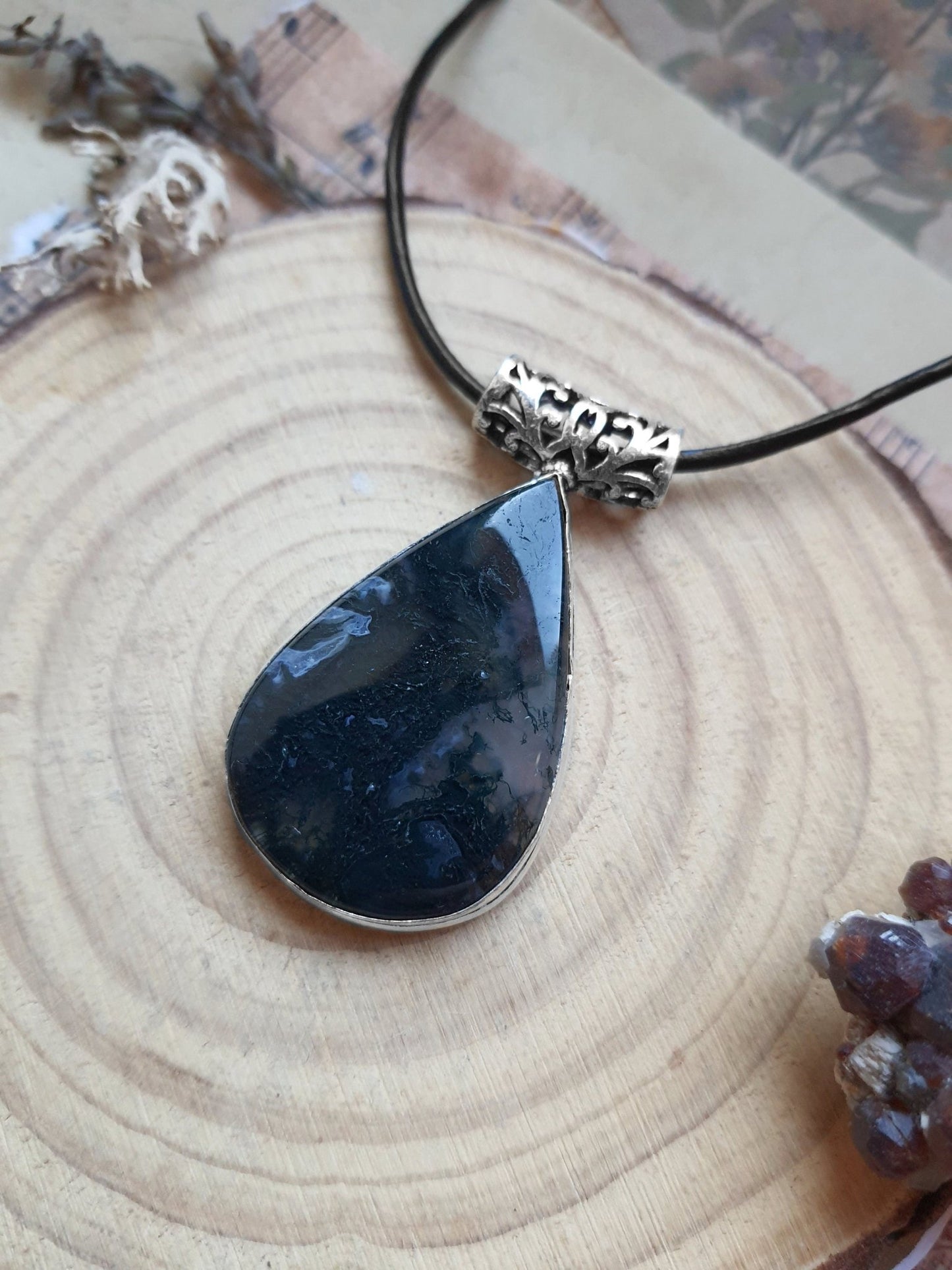 Moss Agate Sterling Silver Pendant Necklace - Boho Gemstone Jewelry - LunarGem - 