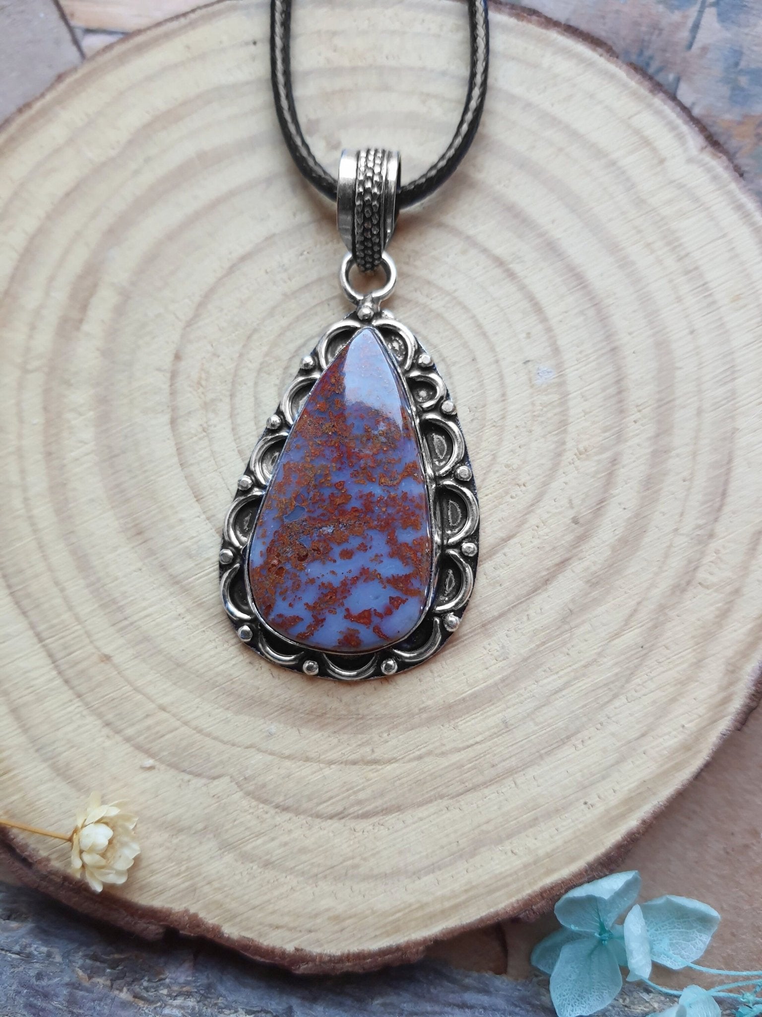 Moss Agate Sterling Silver Pendant Necklace - Boho Gemstone Jewelry - LunarGem - 