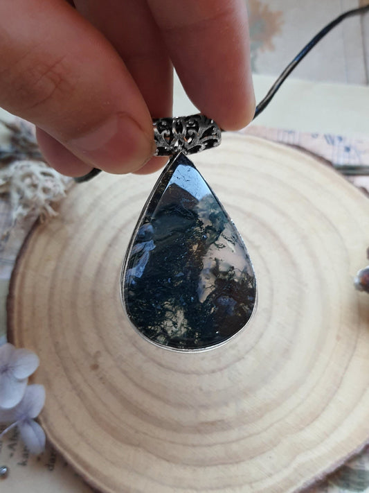 Moss Agate Sterling Silver Pendant Necklace - Boho Gemstone Jewelry - LunarGem - 