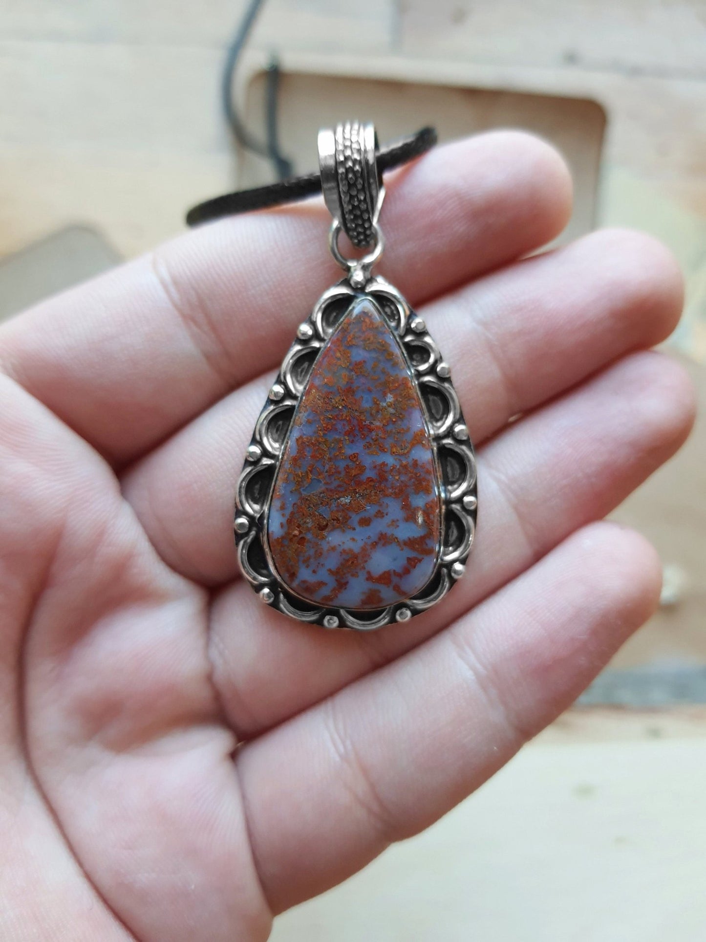 Moss Agate Sterling Silver Pendant Necklace - Boho Gemstone Jewelry - LunarGem - 