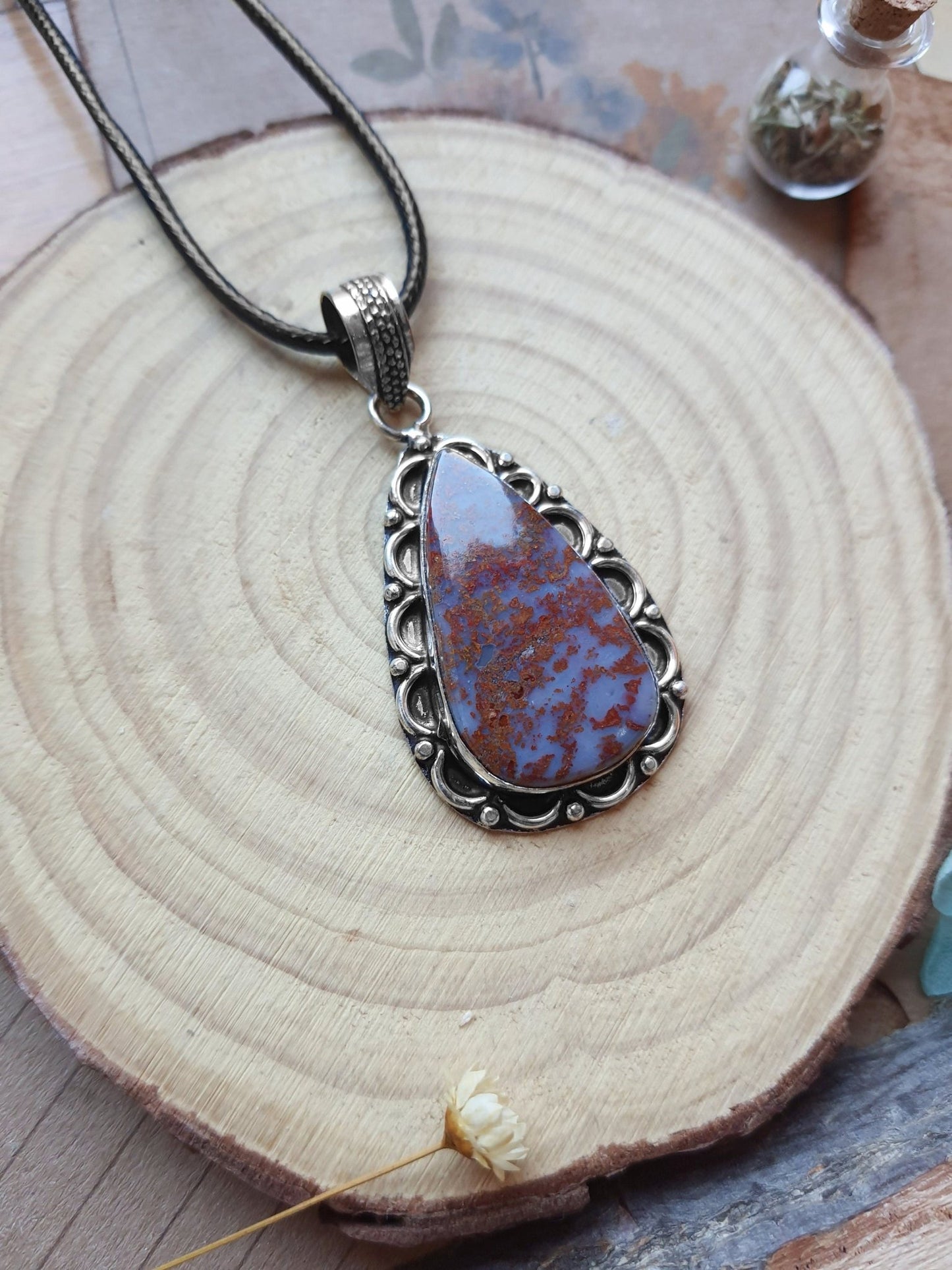Moss Agate Sterling Silver Pendant Necklace - Boho Gemstone Jewelry - LunarGem - 