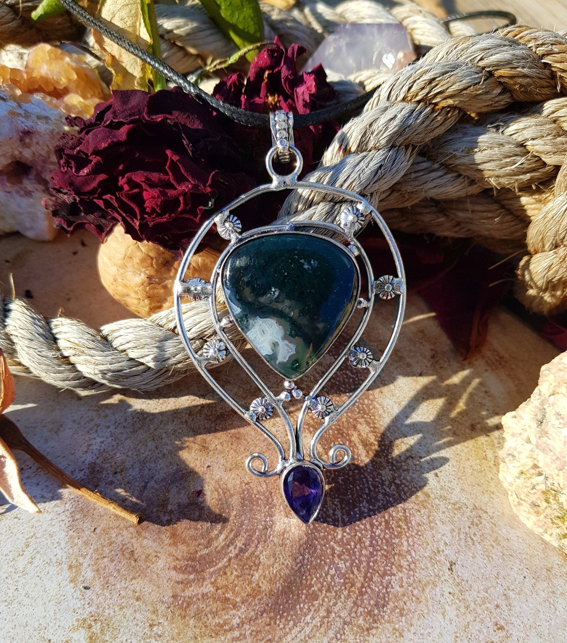 Moss Agate Sterling Silver Pendant: One of a Kind Boho Jewelry - LunarGem - 