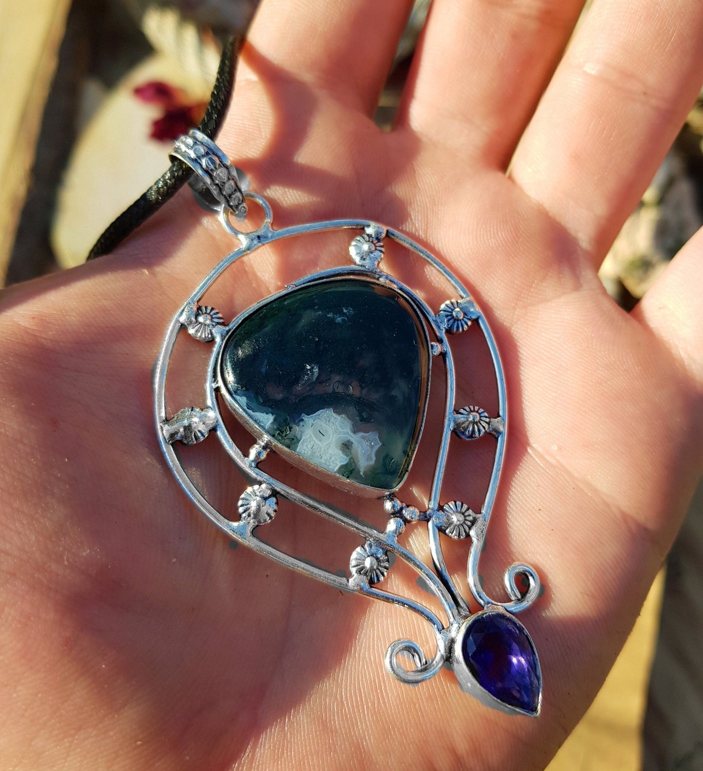 Moss Agate Sterling Silver Pendant: One of a Kind Boho Jewelry - LunarGem - 