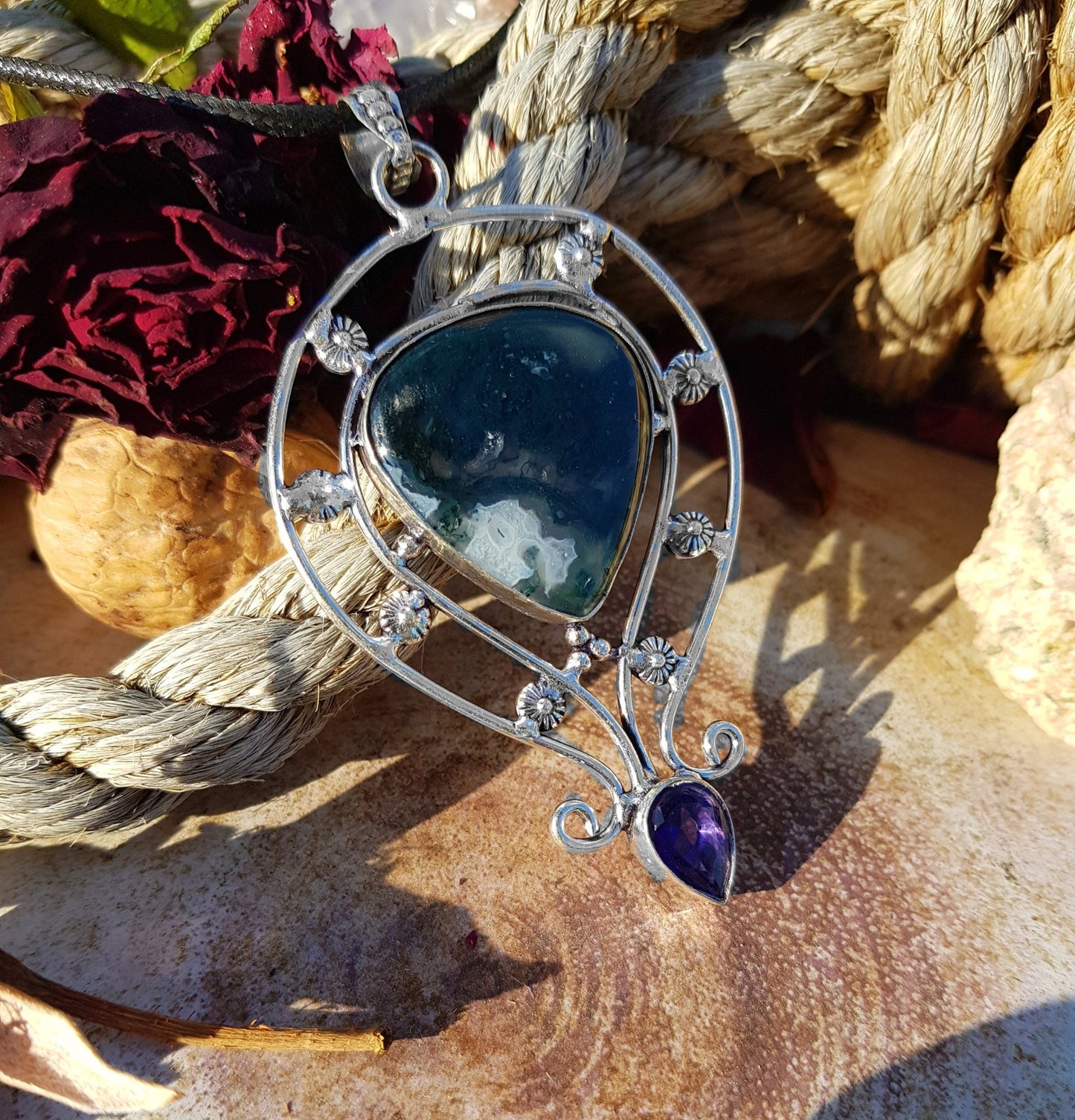 Moss Agate Sterling Silver Pendant: One of a Kind Boho Jewelry - LunarGem - 