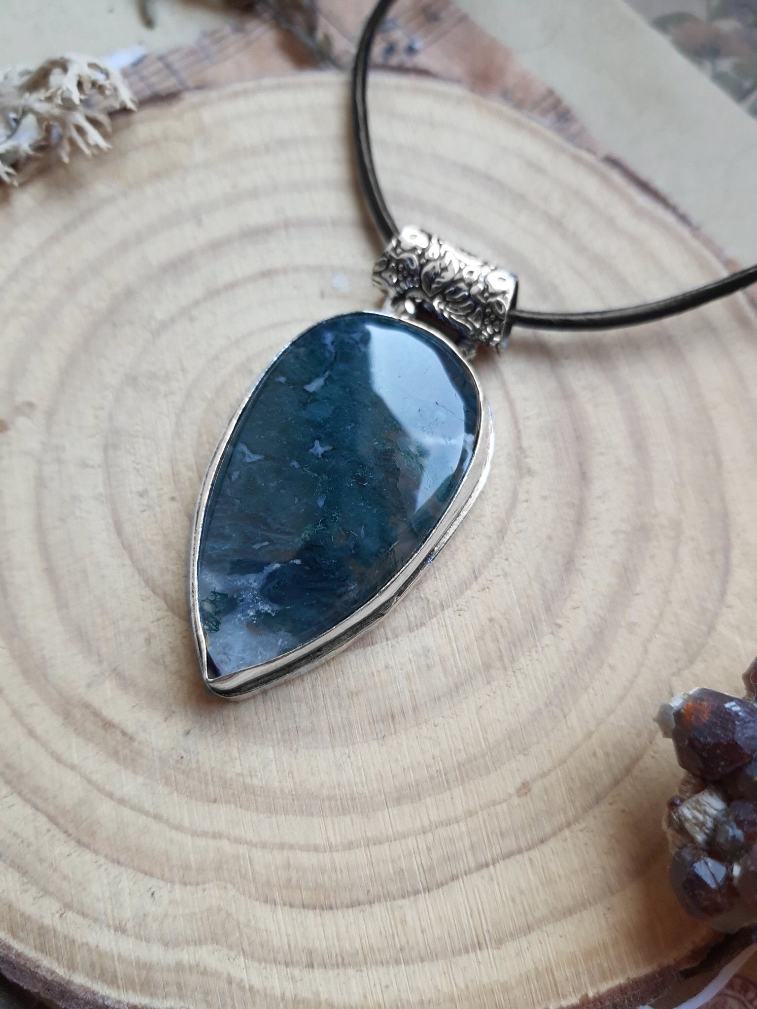 Moss Agate Sterling Silver Pendant: One Of A Kind Boho Jewelry - LunarGem - 