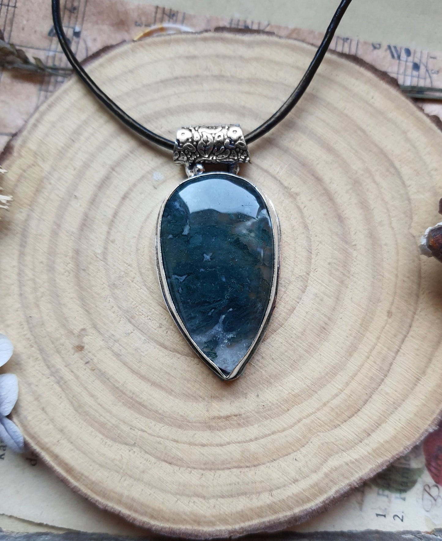 Moss Agate Sterling Silver Pendant: One Of A Kind Boho Jewelry - LunarGem - 