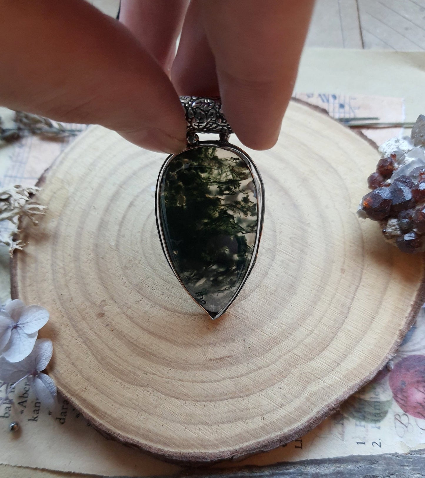 Moss Agate Sterling Silver Pendant: One Of A Kind Boho Jewelry - LunarGem - 