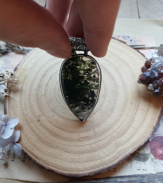 Moss Agate Sterling Silver Pendant: One Of A Kind Boho Jewelry - LunarGem - 