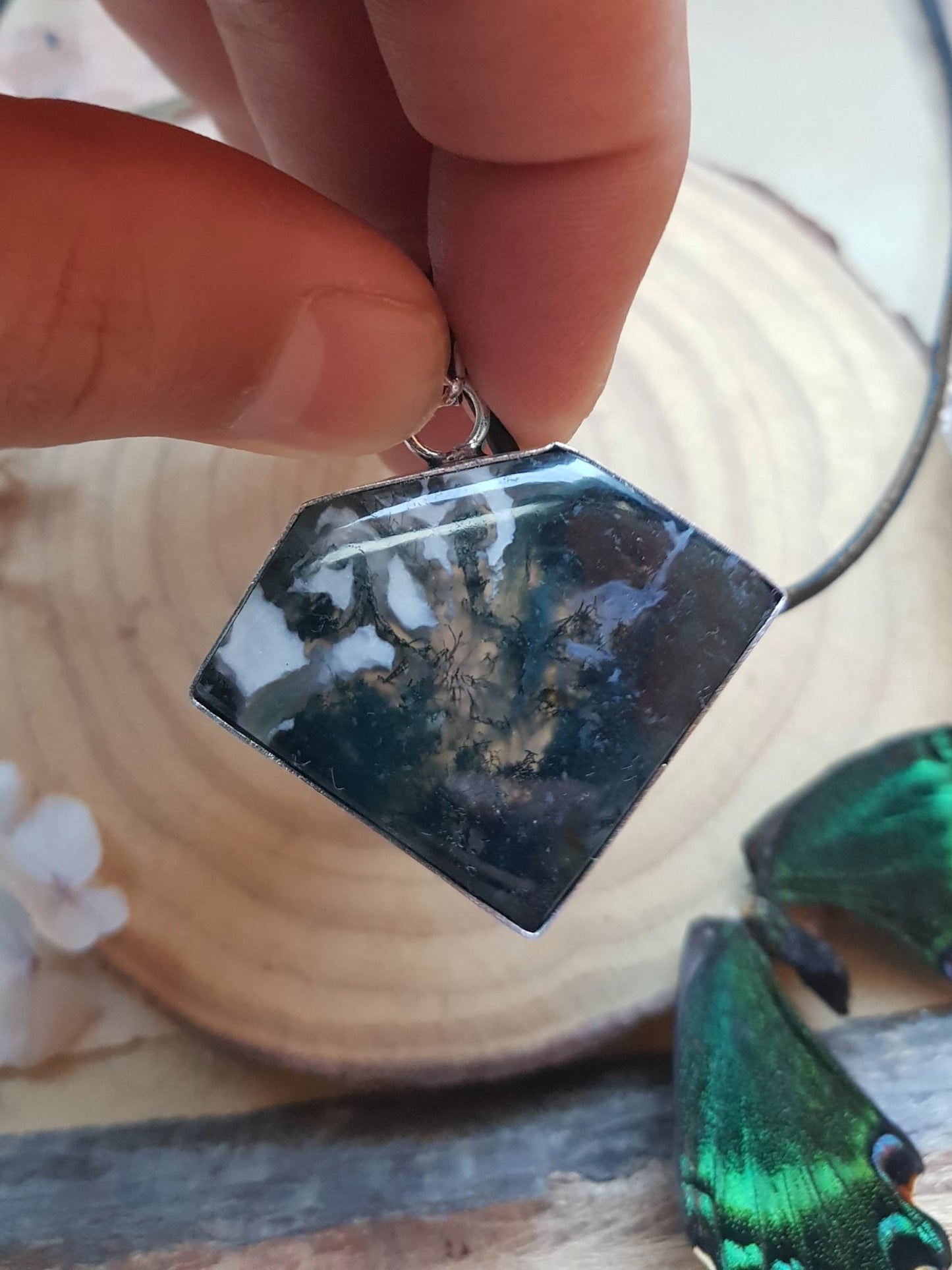 Moss Agate Sterling Silver Pendant: One - of - a - Kind Boho Necklace - LunarGem - 