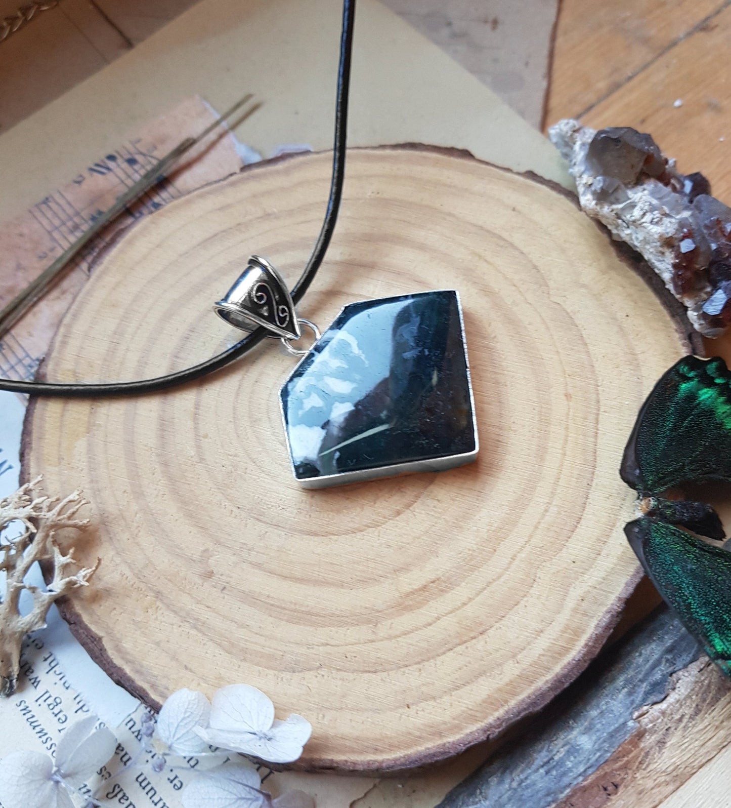 Moss Agate Sterling Silver Pendant: One - of - a - Kind Boho Necklace - LunarGem - 