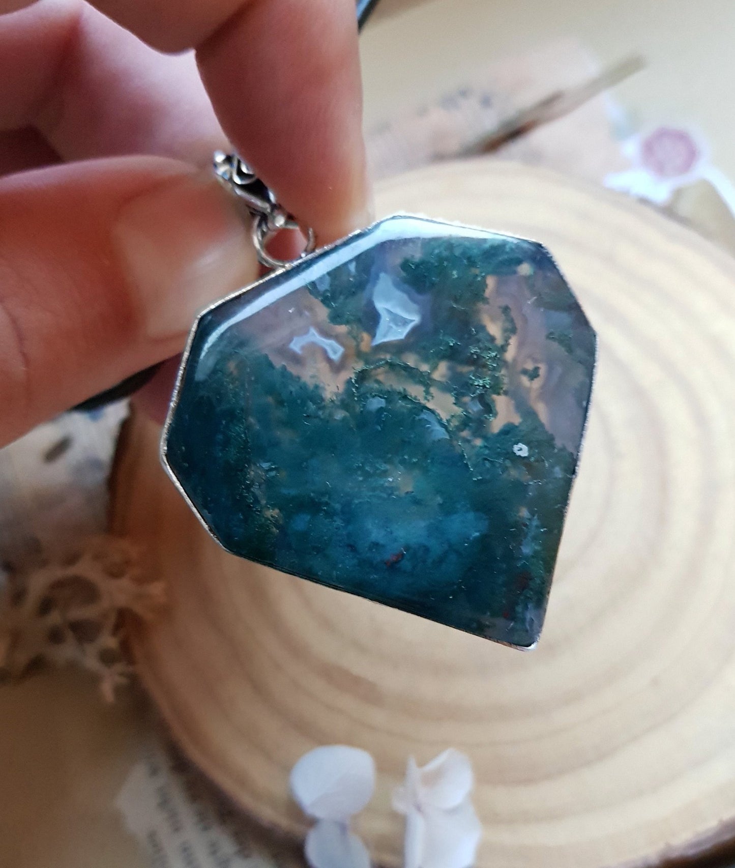 Moss Agate Sterling Silver Pendant: One of a Kind Boho Necklace - LunarGem - 