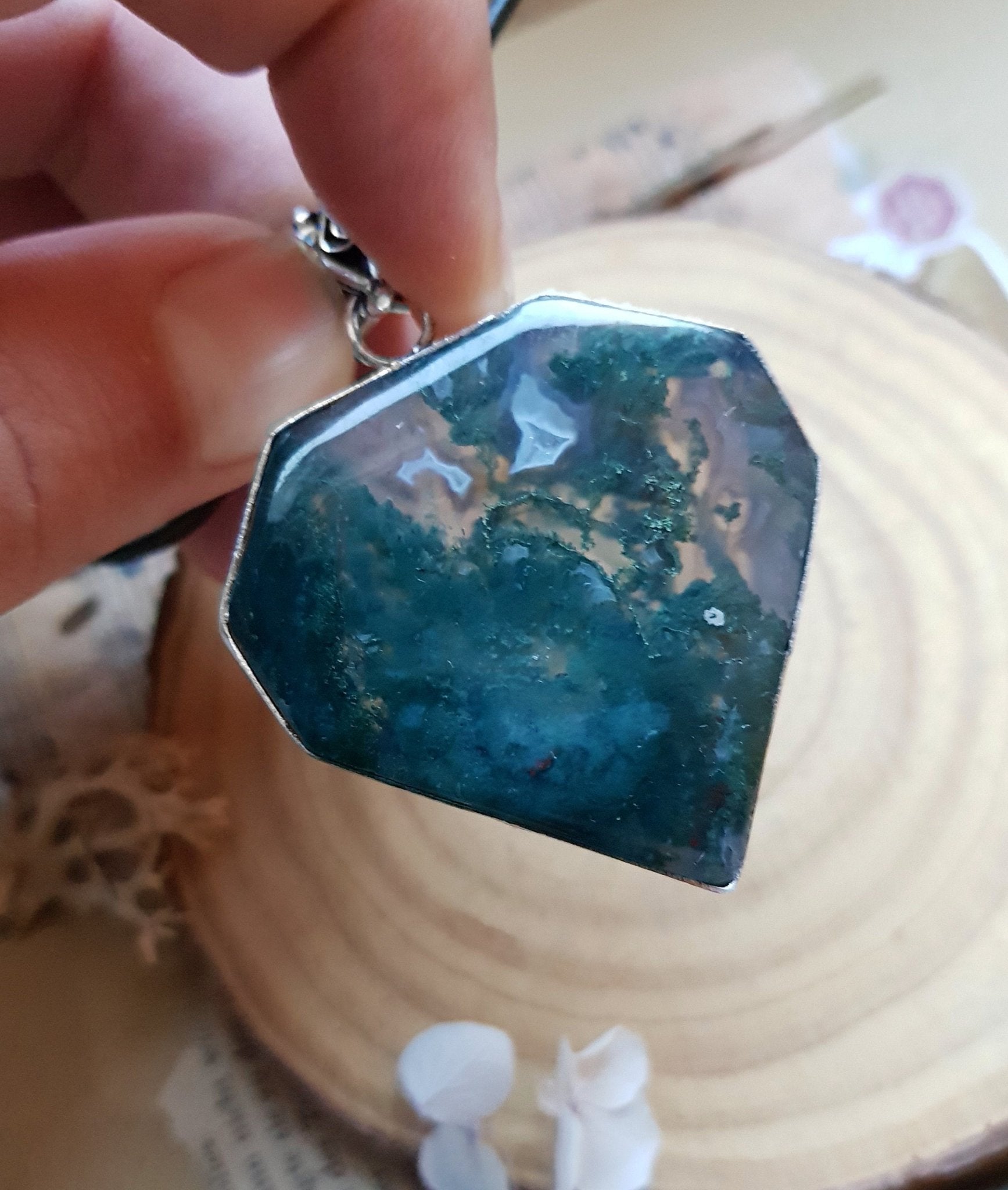 Moss Agate Sterling Silver Pendant: One of a Kind Boho Necklace - LunarGem - 