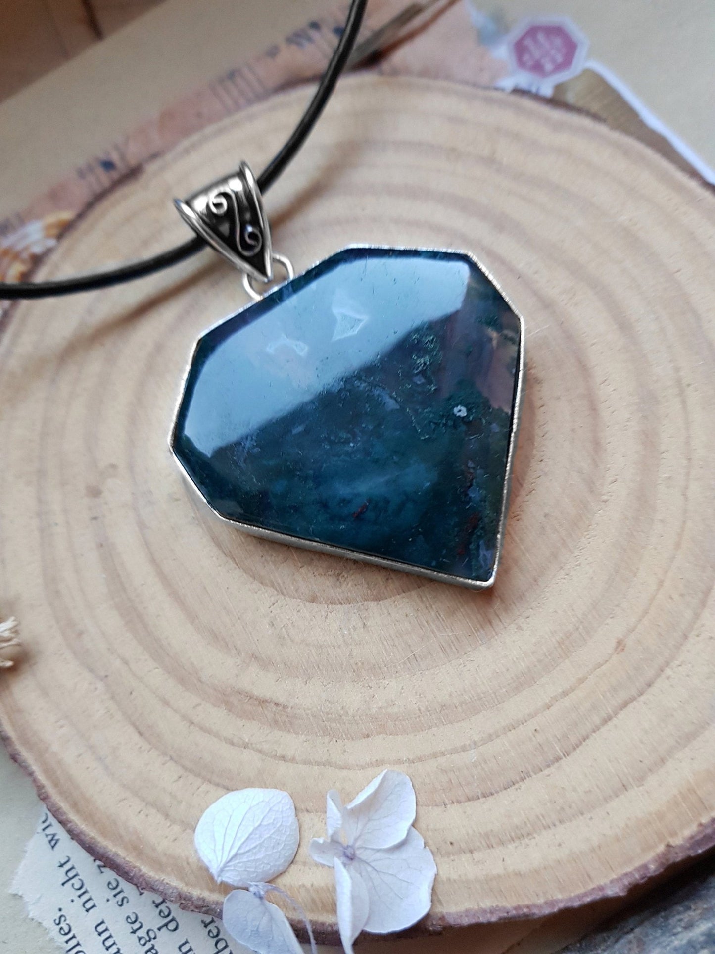 Moss Agate Sterling Silver Pendant: One of a Kind Boho Necklace - LunarGem - 