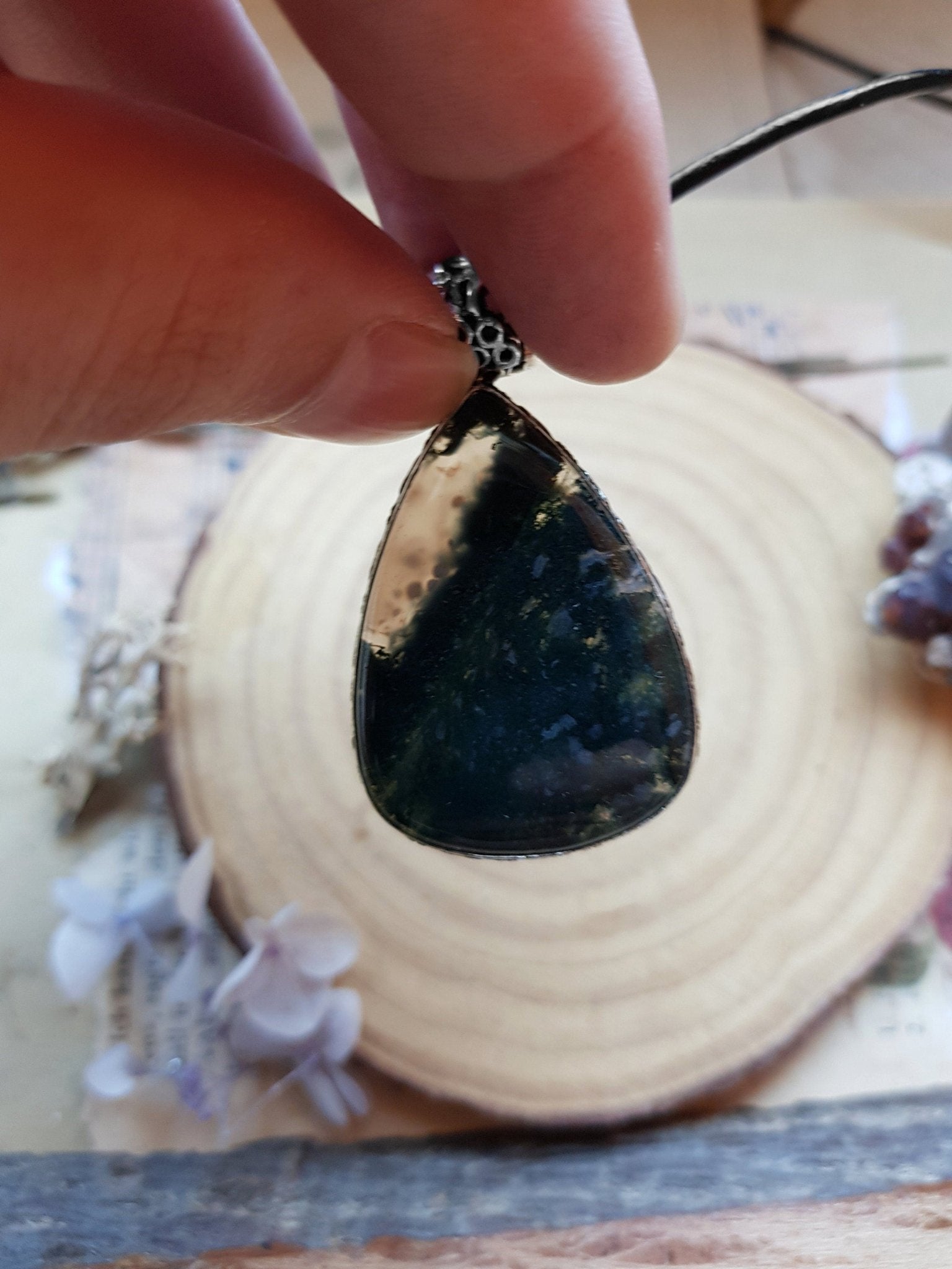 Moss Agate Sterling Silver Pendant: One - of - a - Kind Boho Necklace - LunarGem - 