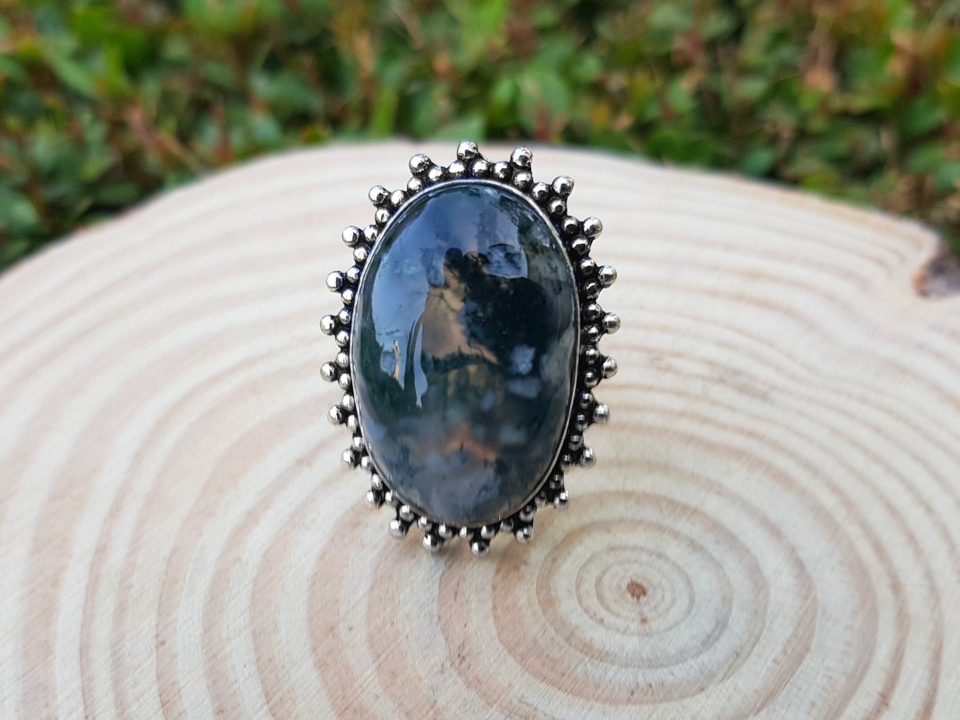 Moss Agate Sterling Silver Statement Ring - US Size 7.5 - LunarGem - 