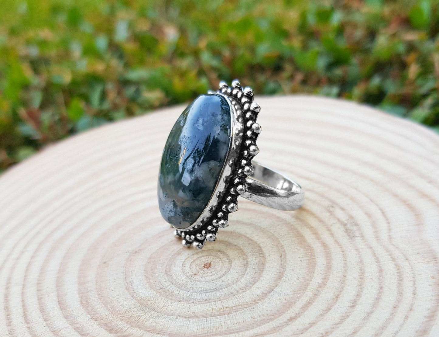 Moss Agate Sterling Silver Statement Ring - US Size 7.5 - LunarGem - 