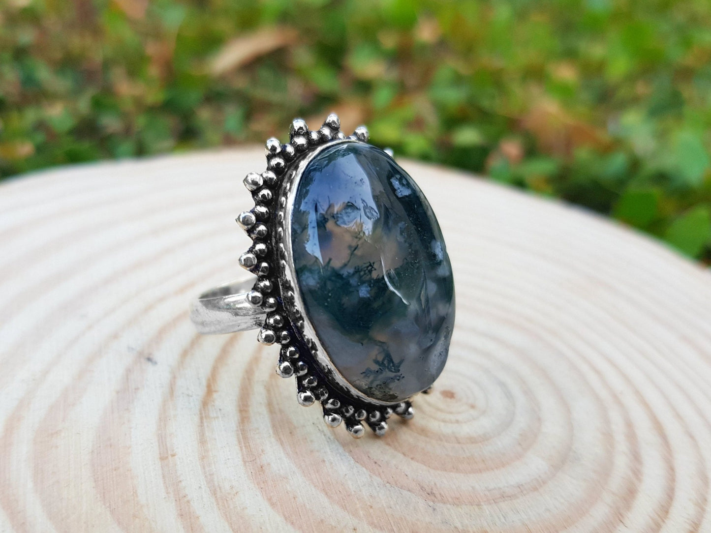 Moss Agate Sterling Silver Statement Ring - US Size 7.5 - LunarGem - 