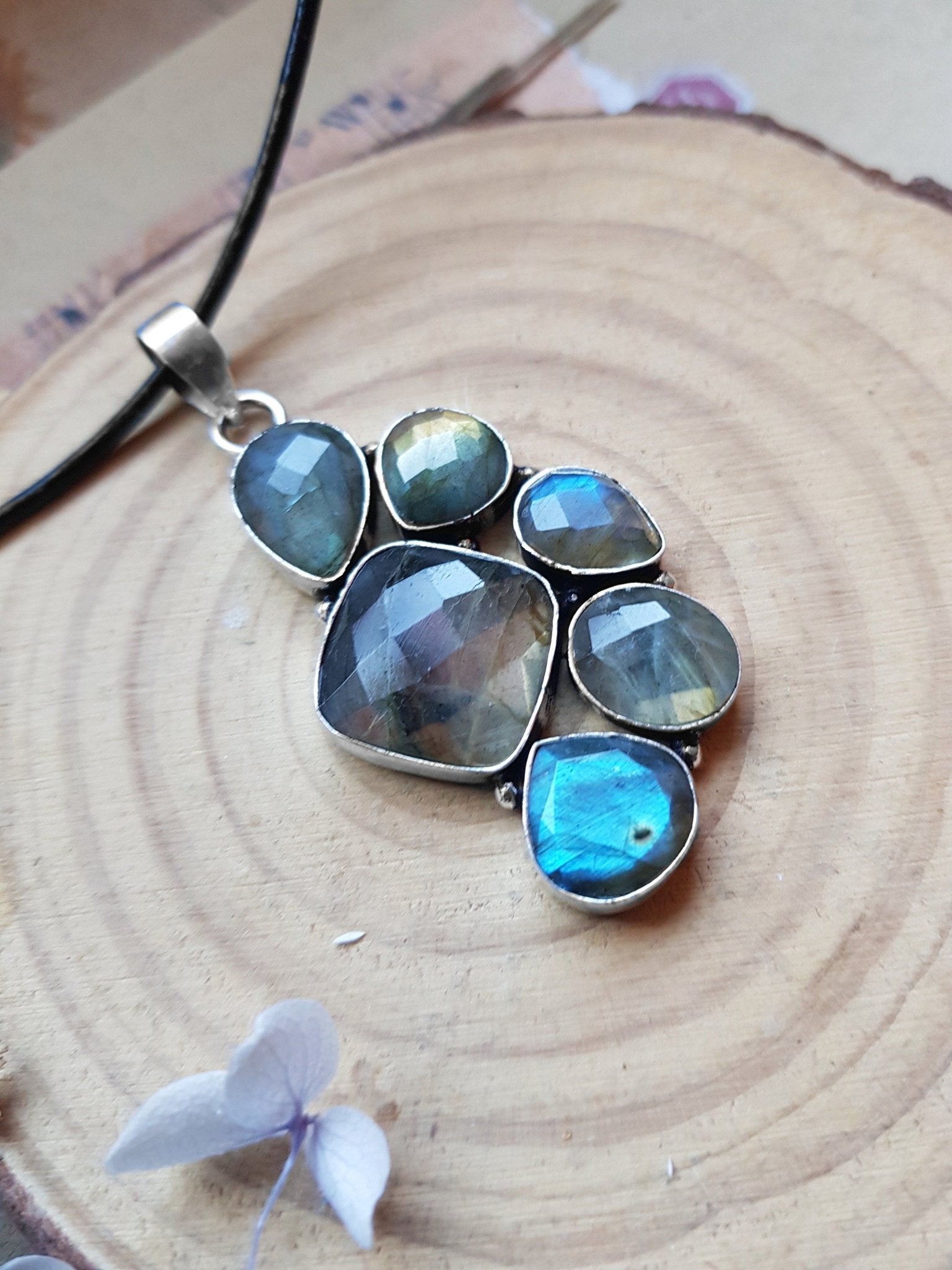 Multi Stone Blue Labradorite Pendant In Sterling Silver Big Statement Pendant - LunarGem - 
