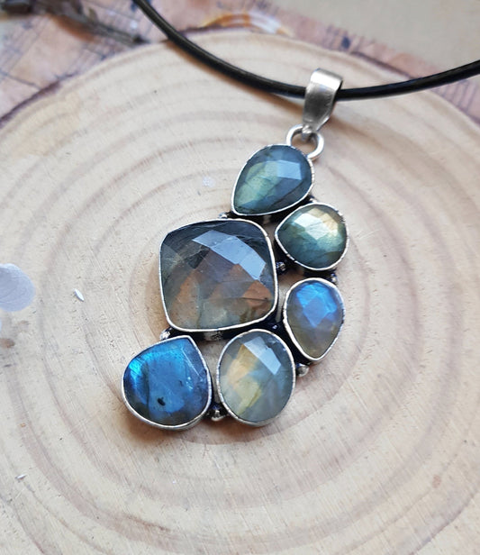 Multi Stone Blue Labradorite Pendant In Sterling Silver Big Statement Pendant - LunarGem - 