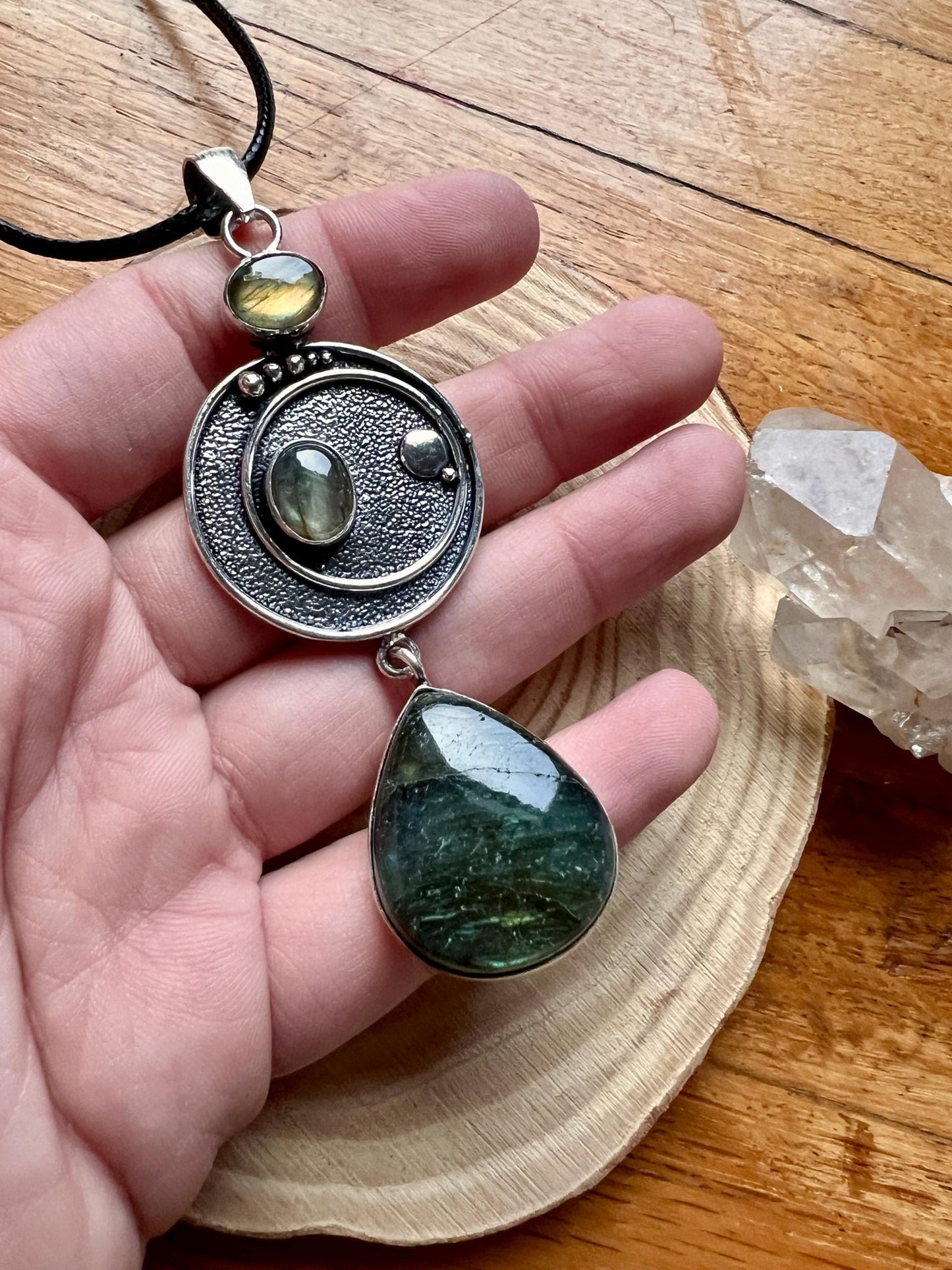 Multi Stone Labradorite Pendant In Sterling Silver, Big Statement Pendant - LunarGem - 