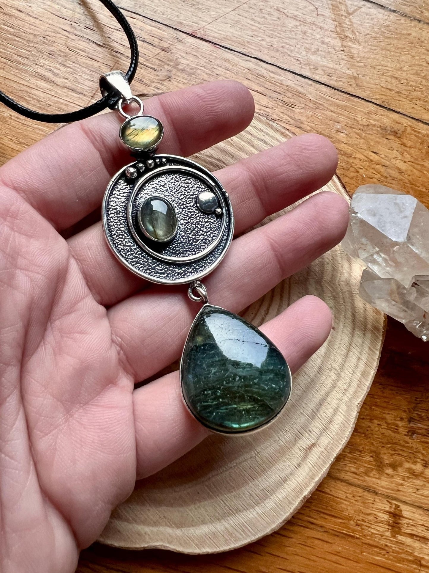 Multi Stone Labradorite Pendant In Sterling Silver, Big Statement Pendant - LunarGem - 