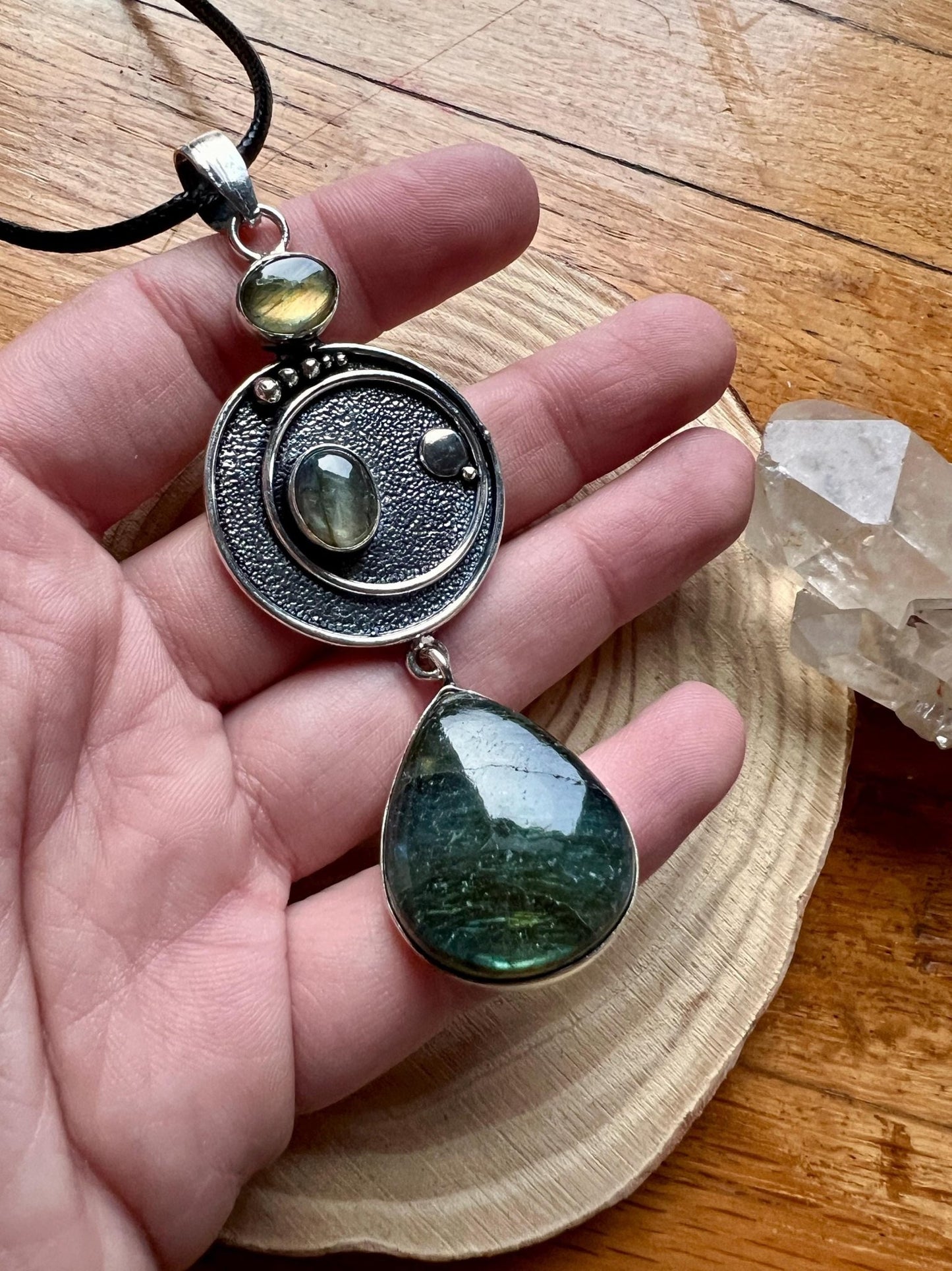 Multi Stone Labradorite Pendant In Sterling Silver, Big Statement Pendant - LunarGem - 