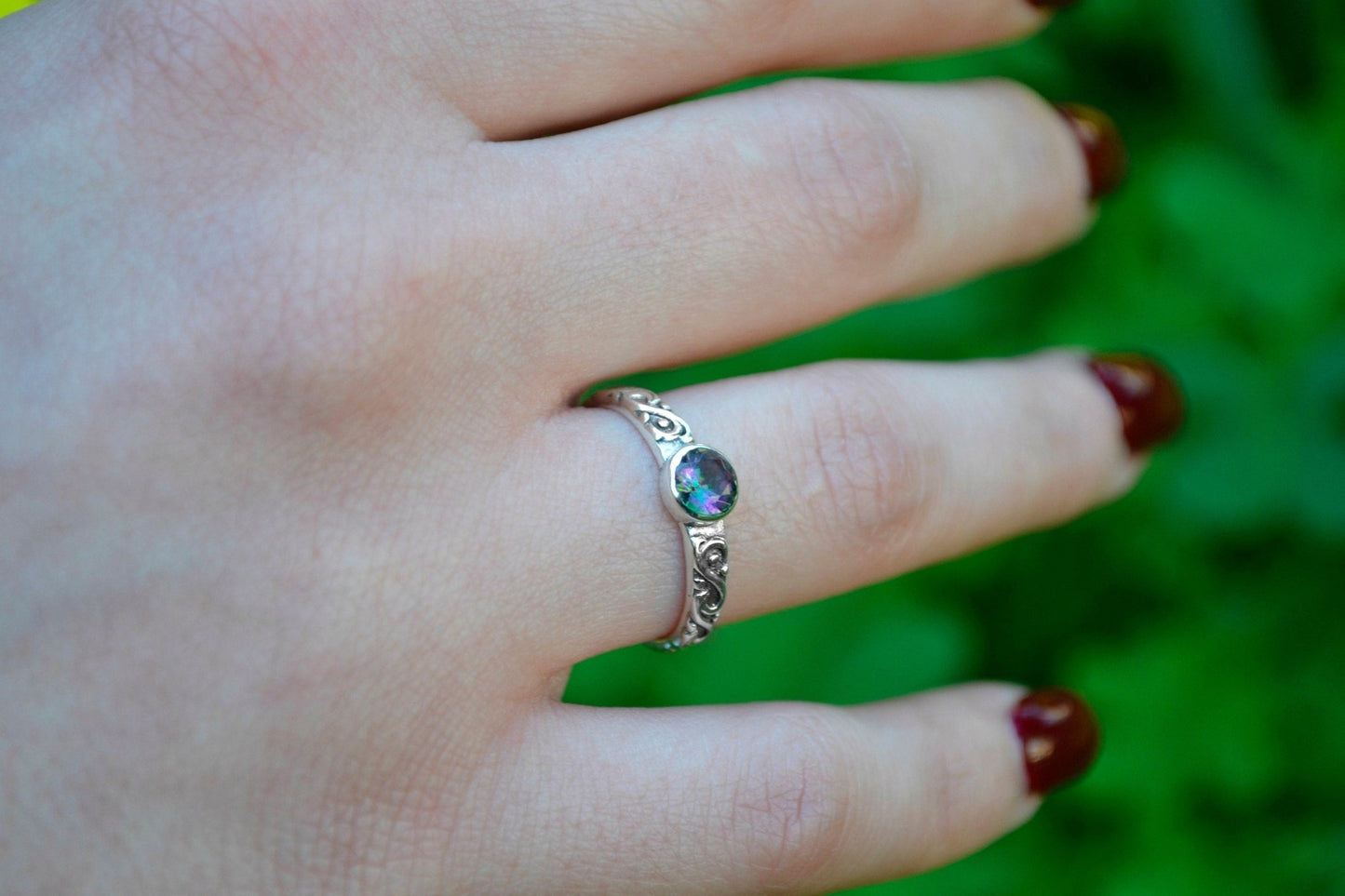 Mystic Quartz Sterling Silver Ring: Celtic Style Band, Dainty Stacking Ring - LunarGem - Rings