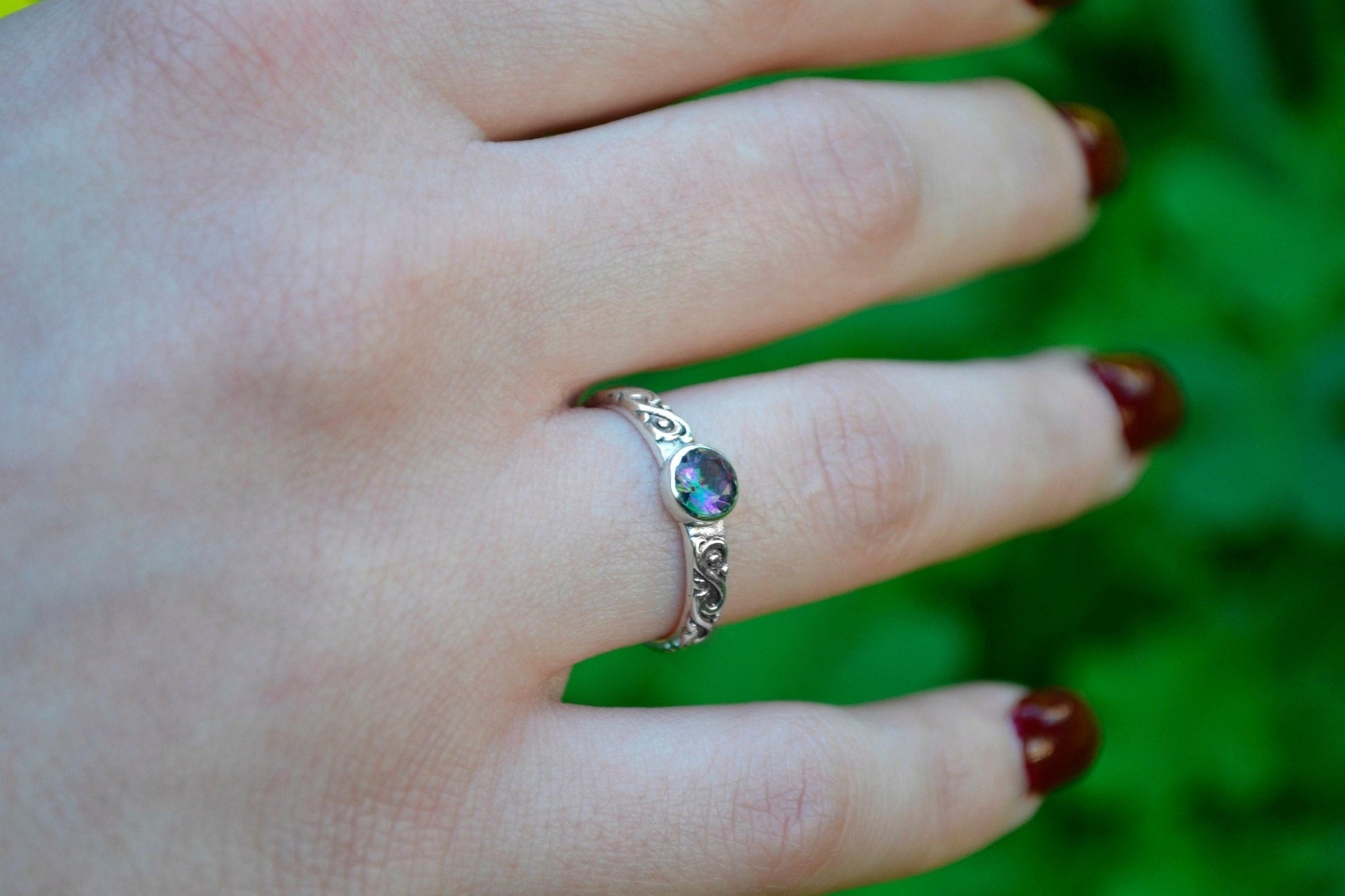 Mystic Quartz Sterling Silver Ring: Celtic Style Band, Dainty Stacking Ring - LunarGem - Rings